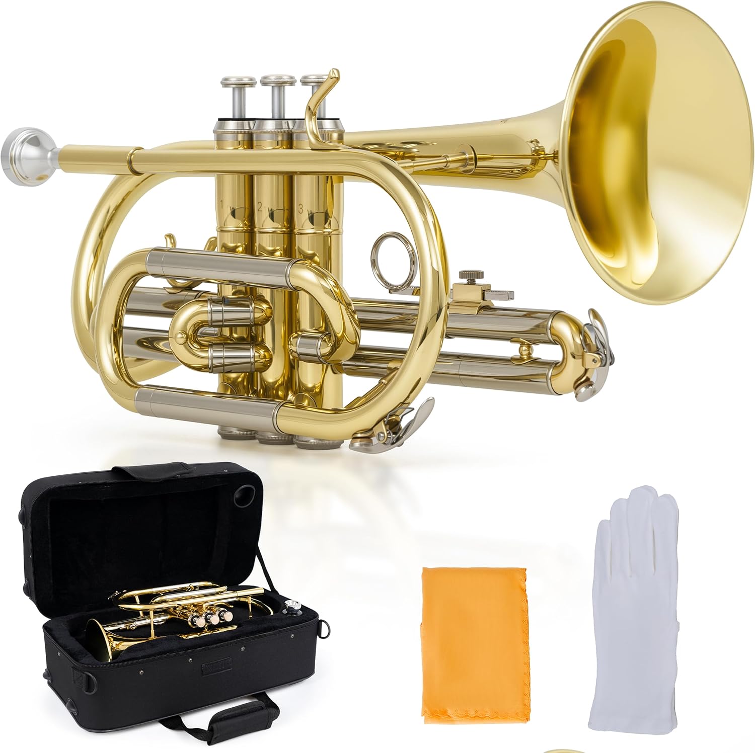AKLOT Player-Friendly Bb Cornet Kit: Warm Tone with Gold Brass Leadpipe, Hand-Hammered Bell, Smooth Valve Action, Includes Hard Case, Mouthpiece, Gloves, Cloth – Great for Jazz, Marching & Students