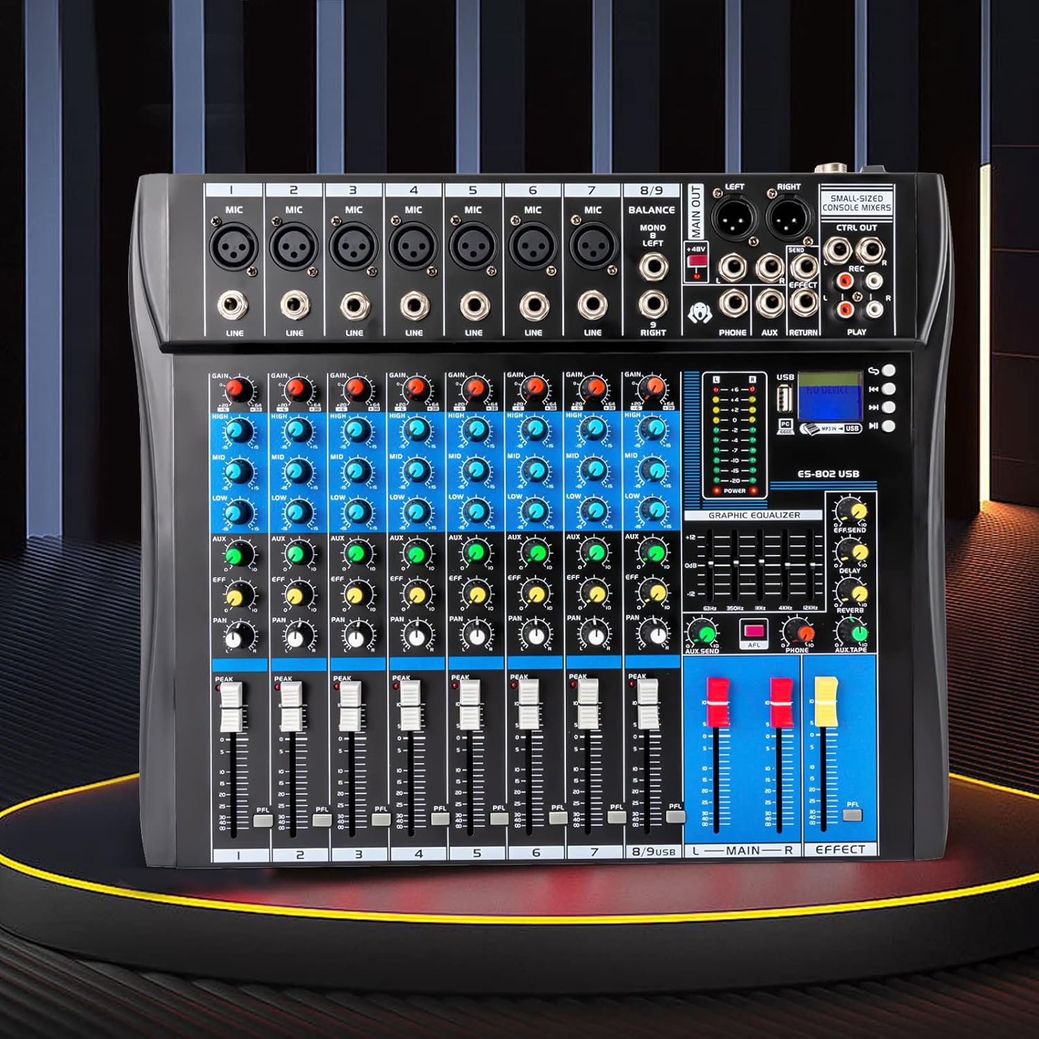 8 Channel Professional Powered Mixer, 48V USB Bluetooth Audio Interface Phantom Power Mixer, Metal Live Mixer Professional DJ Console Mixer Use for Home KTV, Campus Language, Conferences