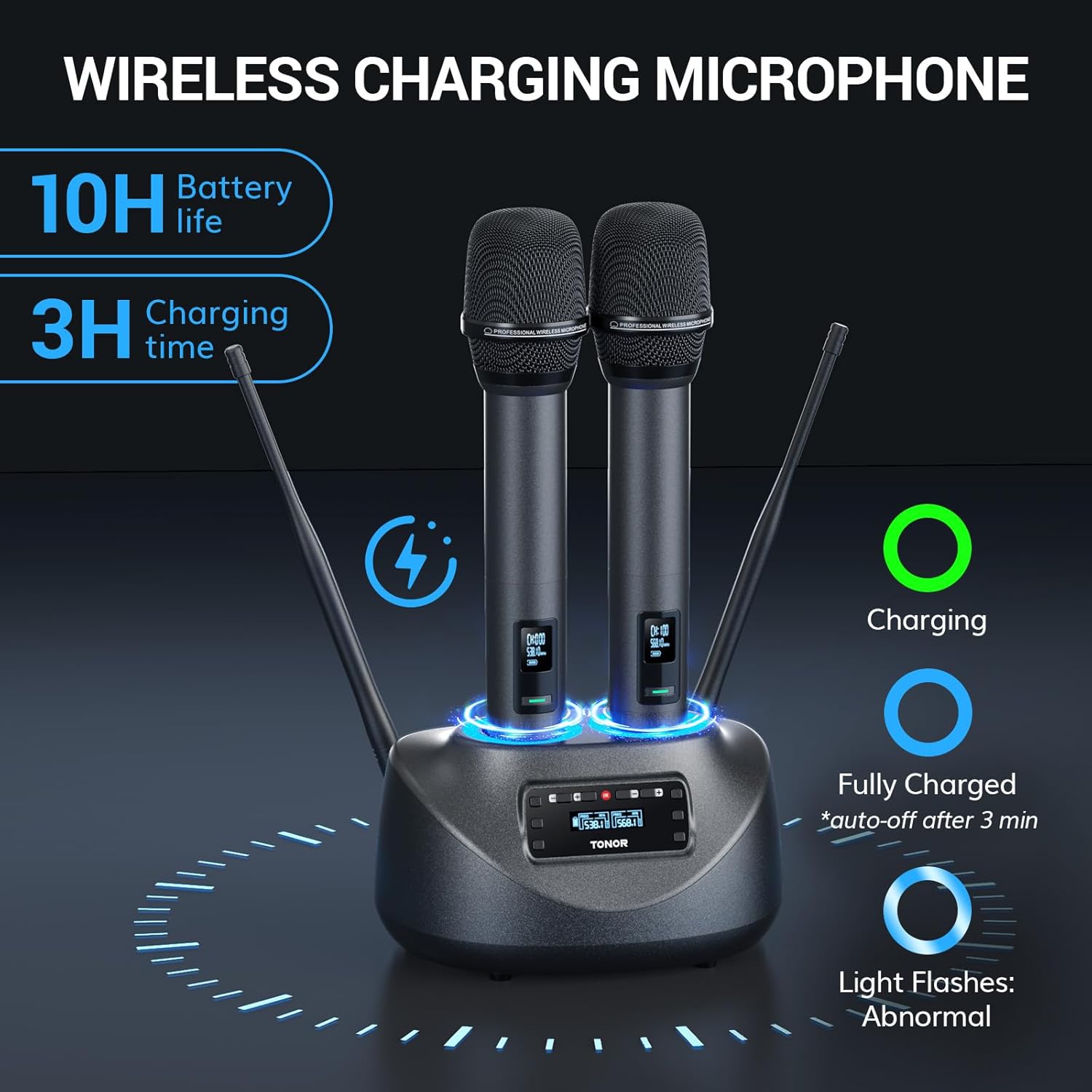 TONOR Rechargeable Wireless Microphone, Metal Dual UHF Handheld Microphone System, Cordless Mic with Bluetooth Receiver, UHF 262ft Range for Home Karaoke, Church, Party, DJ, Wedding TW790, Dark Grey