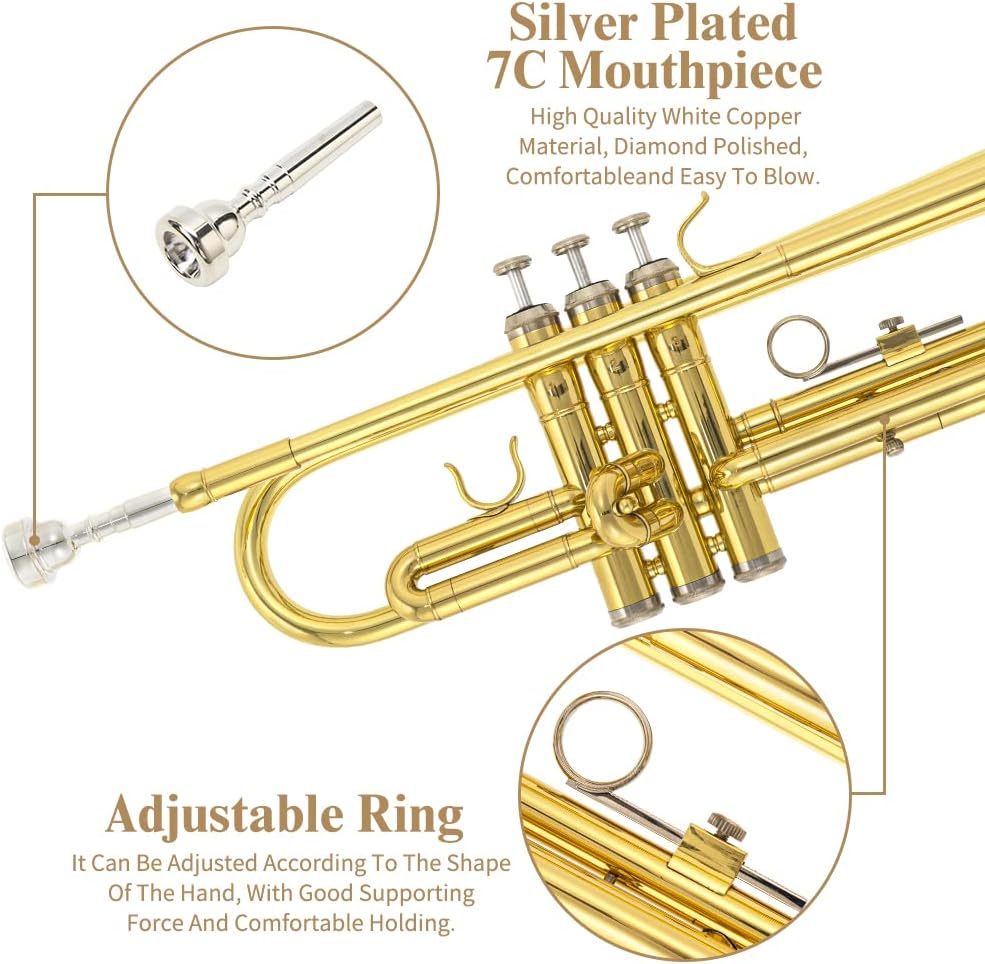 Trumpet Instrument,Band & Orchestra Musical Instruments for Beginners,With trumpets case,Mouthpiece,Cloth and Gloves (Golden)