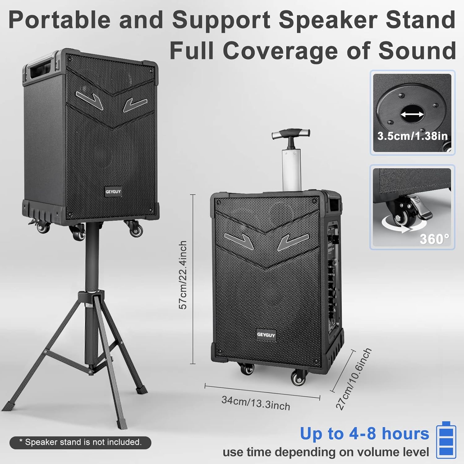 GTSK10-3 Portable Bluetooth PA Speaker System - Wireless Karaoke Loudspeaker with 10” Subwoofer, USB/SD/MP3/FM - Includes Dual UHF Mics, Remote, Rolling Wheels - Ideal for Parties, Events, Outdoors
