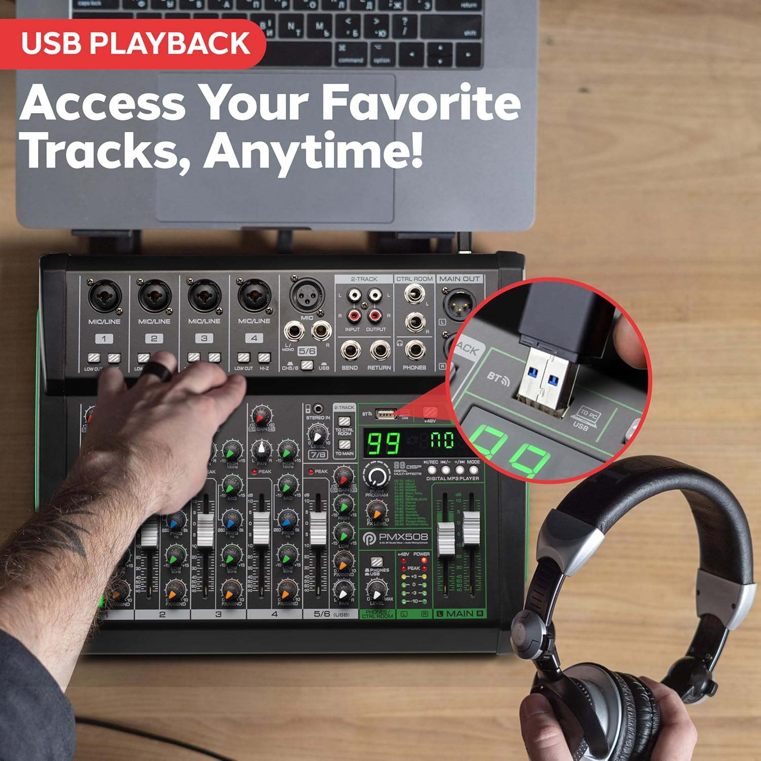 Pyle 8-Channel Audio Mixer, Bluetooth Studio Mixer/DJ Controller with Digital Effects, USB Interface, MP3 Compatible, XLR Inputs and LED Display, Audio Mixing Sound board System 10”x11”x3” inches