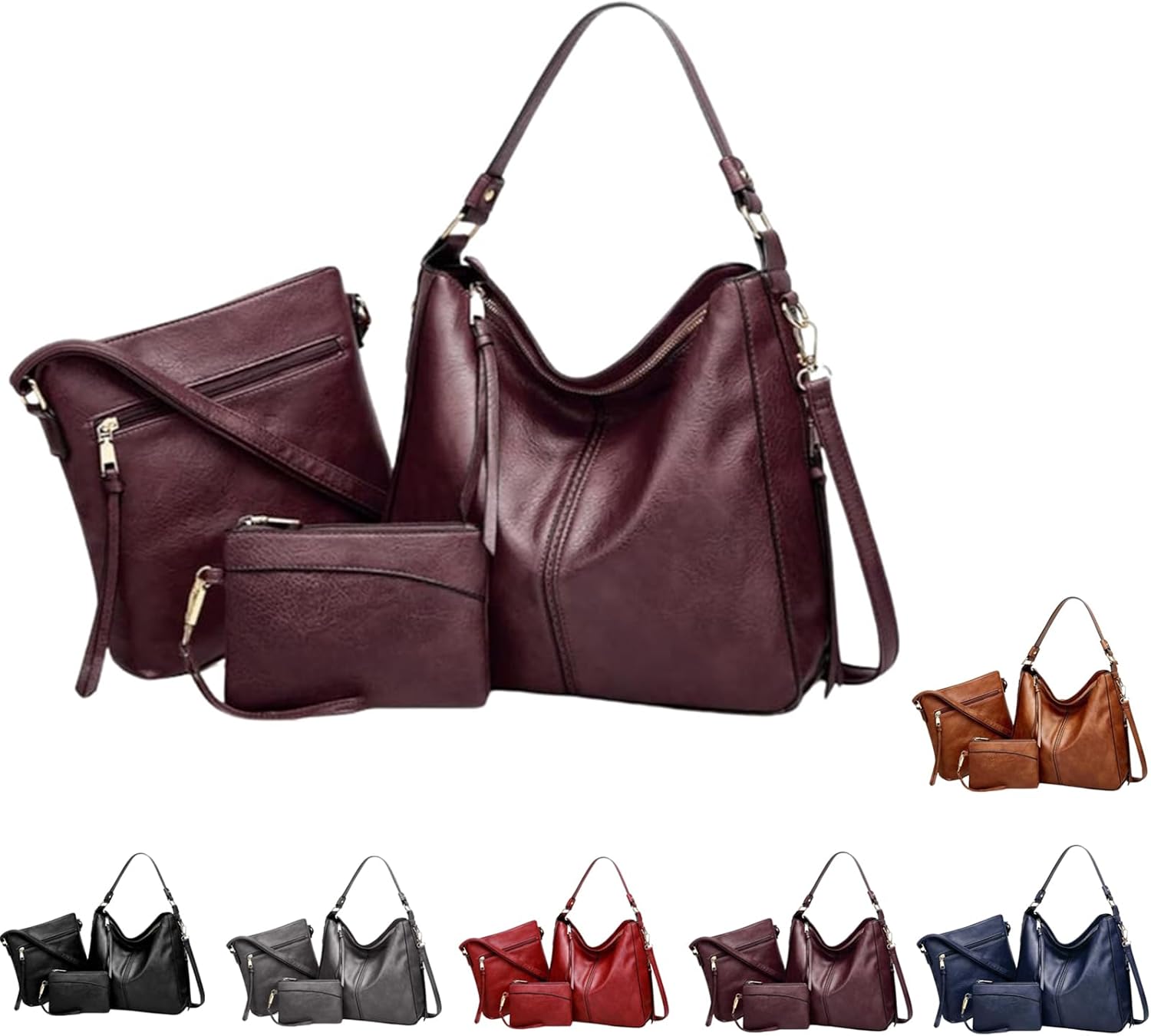 Luxury Leather 3-Piece Hobo Bag Set, 2025 New Upgrade Anti-Theft Handbag, Soft Crossbody Shoulder Purse and Wallet Set