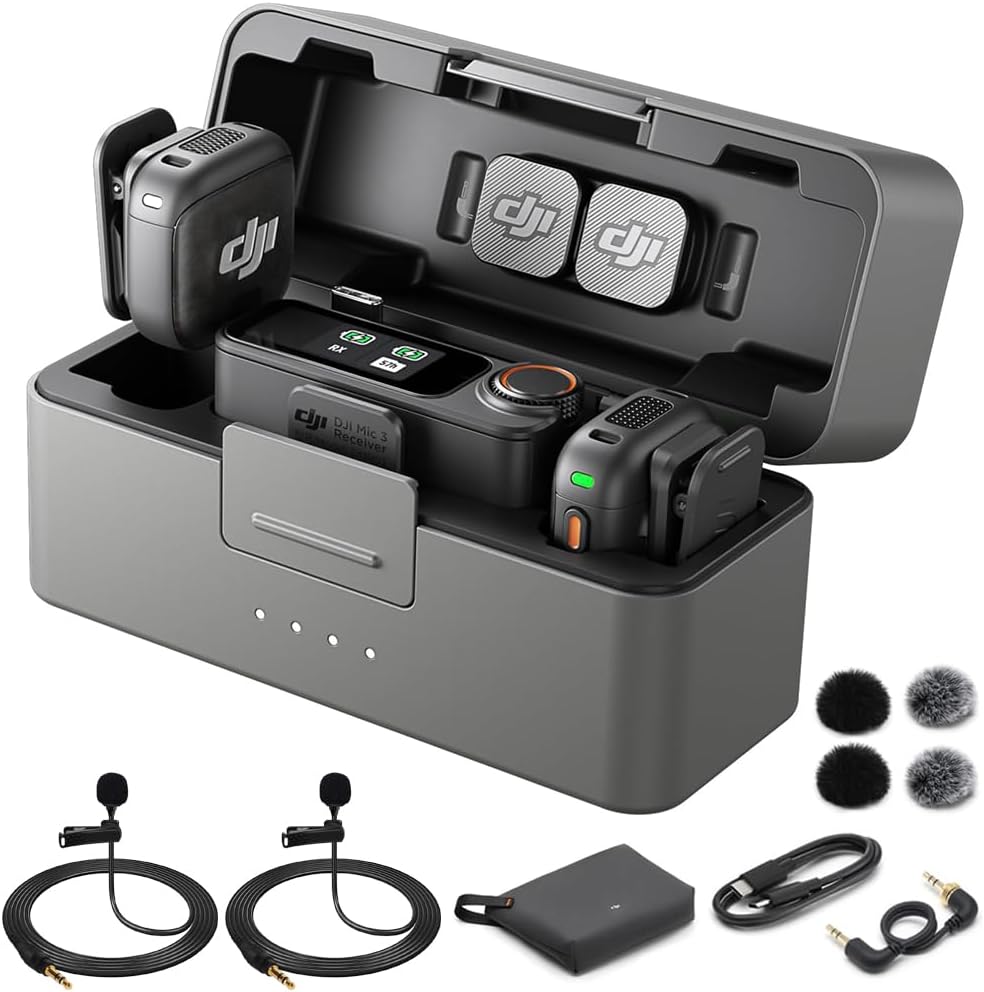 DJI Mic 3 (2 TX + 1 RX + Charging Case) Advanced Mini Wireless Microphone CP.RN.00000480.01 Bundle with 2X Deco Essentials 3.5mm Computer Clip-On Mini Lapel Mic