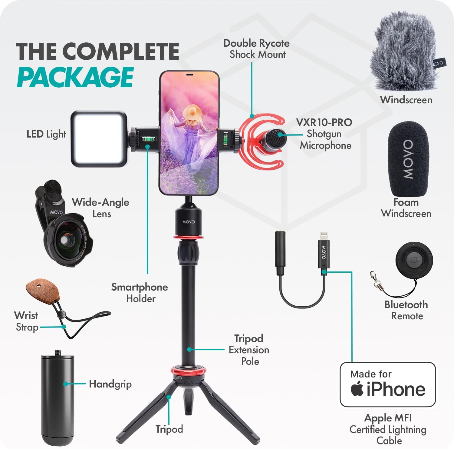 Movo iVlog1 Vlogging Kit - iPhone Lightning Compatible YouTube Starter Kit - Shotgun Microphone, Mini Tripod, LED Light, Wide-Angle Lens, Lightning Adapter