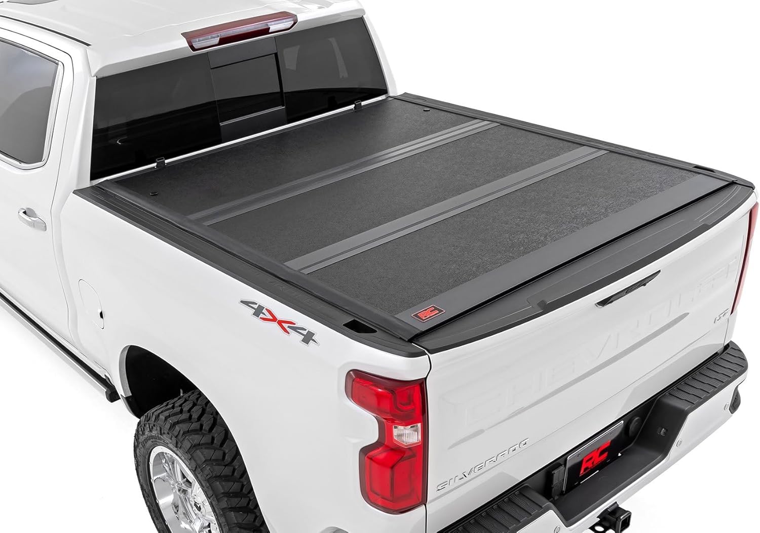 Rough Country Hard Tri-Fold Tonneau Cover for Chevy Silverado & GMC Sierra 1500/2500HD/3500HD (2014-2019) - Low-Profile Truck Bed Cover, Fits 6'7 Bed w/Rail Caps