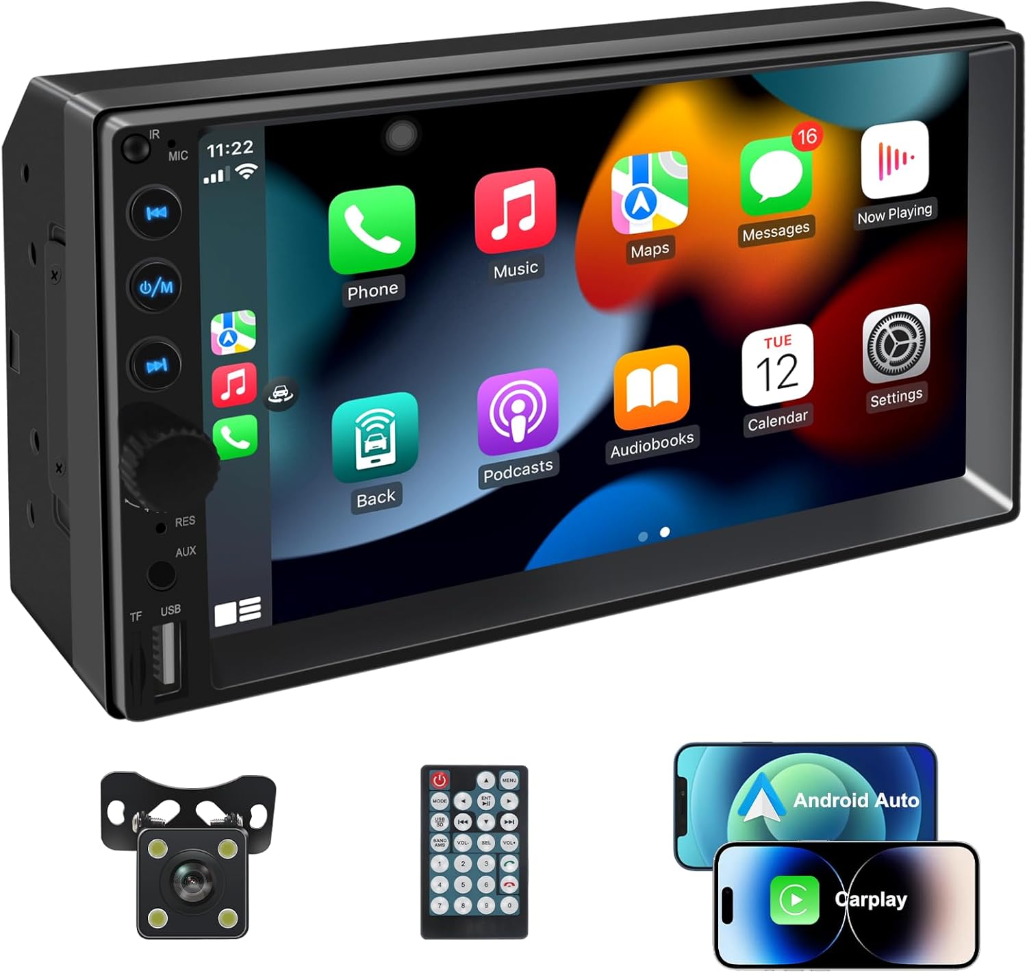 7 inch Double Din Car Stereo,Carplay Screen for Car with Wireless Apple Carplay & Android Auto,Backup Camera,Car Audio Receivers with Voice Control, MirrorLink, Bluetooth, SWC, FM Car Stereo
