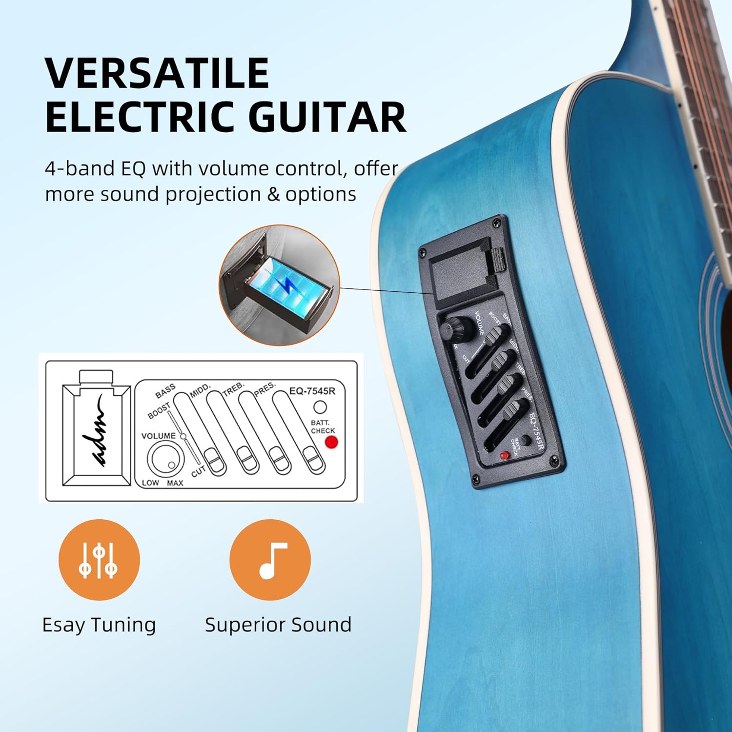 ADM 12 String Guitar, 42” Full Size Acoustic Electric Twelve String Guitar Bundle with 4-Band EQ for Professional Beginner Adults Intermediate, Gig Bag, Picks, Capo, Cabel, Shoulder Strap, Blue