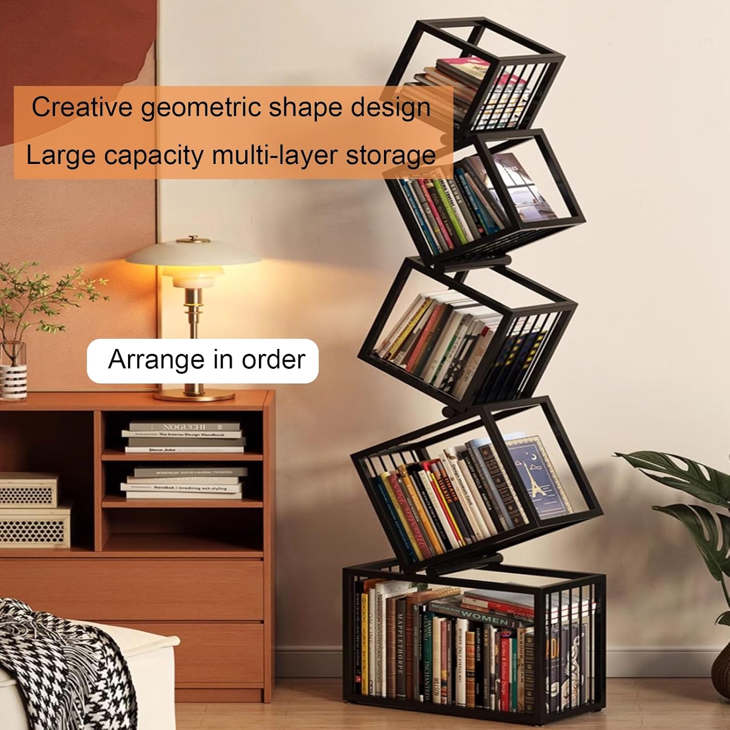 Irregular Geometric Bookshelf, Metal Decorative Storage Shelving, Modern Freestanding Display Shelves Bookcase, Tall Book Shelf Unit for Living Room Bedroom(183cm/72in)