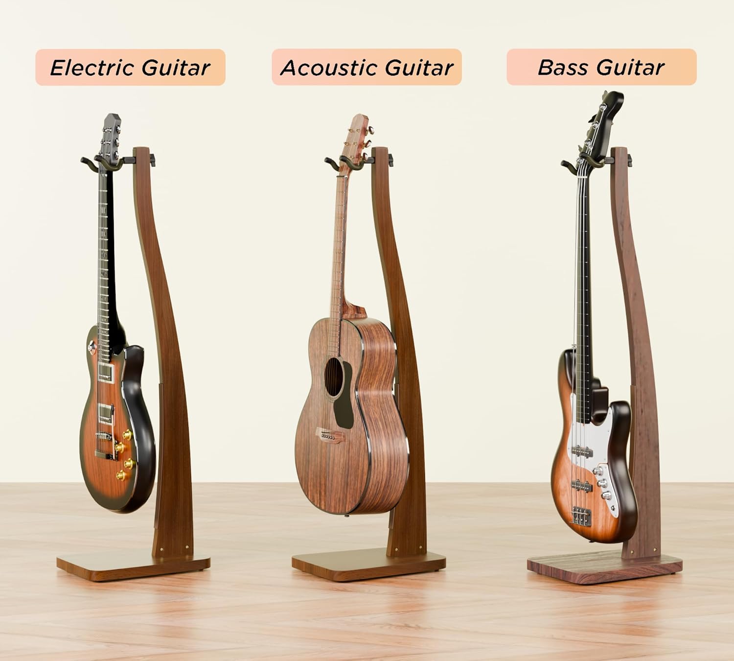 Guitar Stand, Acoustic Guitar Stand Floor, Premium Solid Wood Guitar Stand, Single Guitar Holder Stand for Acoustic Guitar, Electric Guitar, Bass Guitar, Semi Curved Hanging Guitar Stands for Studio, Living Room, American Black Walnut