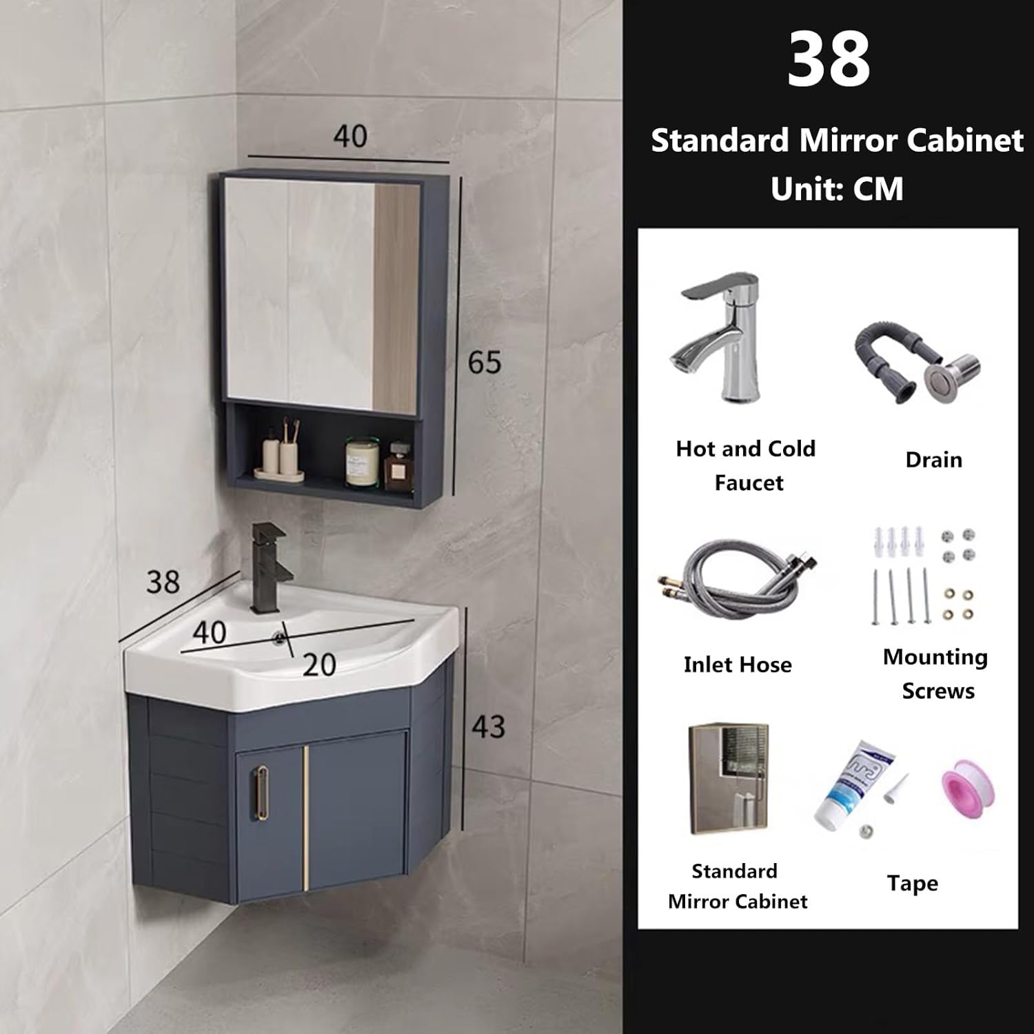 Bathroom Sink Vanity for Small Space, Wall Mount Corner Bathroom Vanity Cabinet with Sink Washing Hand Basin Design with Ceramic Sink & Mirror(Color:Blue,Size:38cm/14.9in)