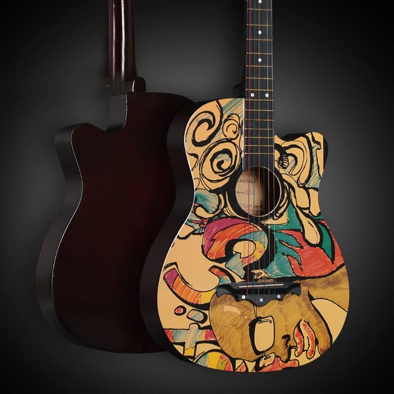 Tyenaza Wooden Guitar, Beginner Acoustic Guitar, 38in Graffiti Pattern High Density Fingerboard Acoustic Guitar for Beginner