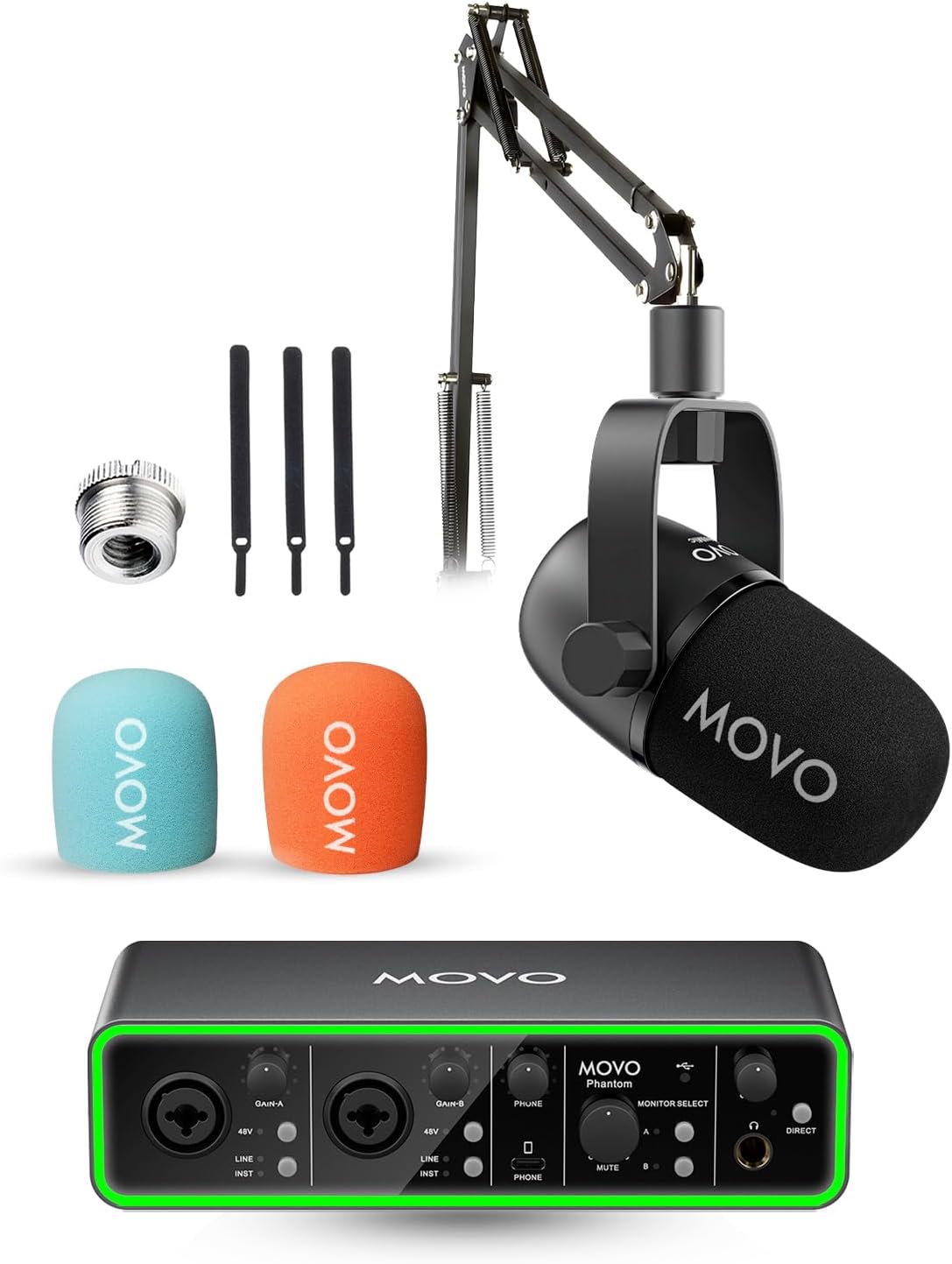 Movo Music Audio Interface Bundle - Phantom USB Audio Interface, CastMic XLR Dynamic Microphone, and Boom Arm - Professional Studio Equipment for Musicians, Singers, and Producers