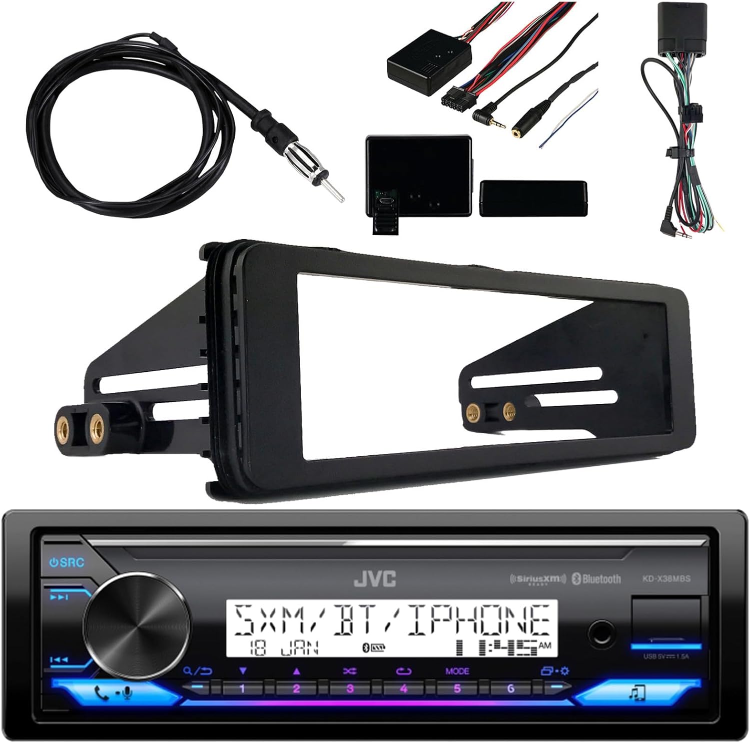 Single DIN Marine Digital Media USB AUX Bluetooth Radio Stereo Receiver Bundle Combo with Steering Wheel Interface, Antenna - 40 