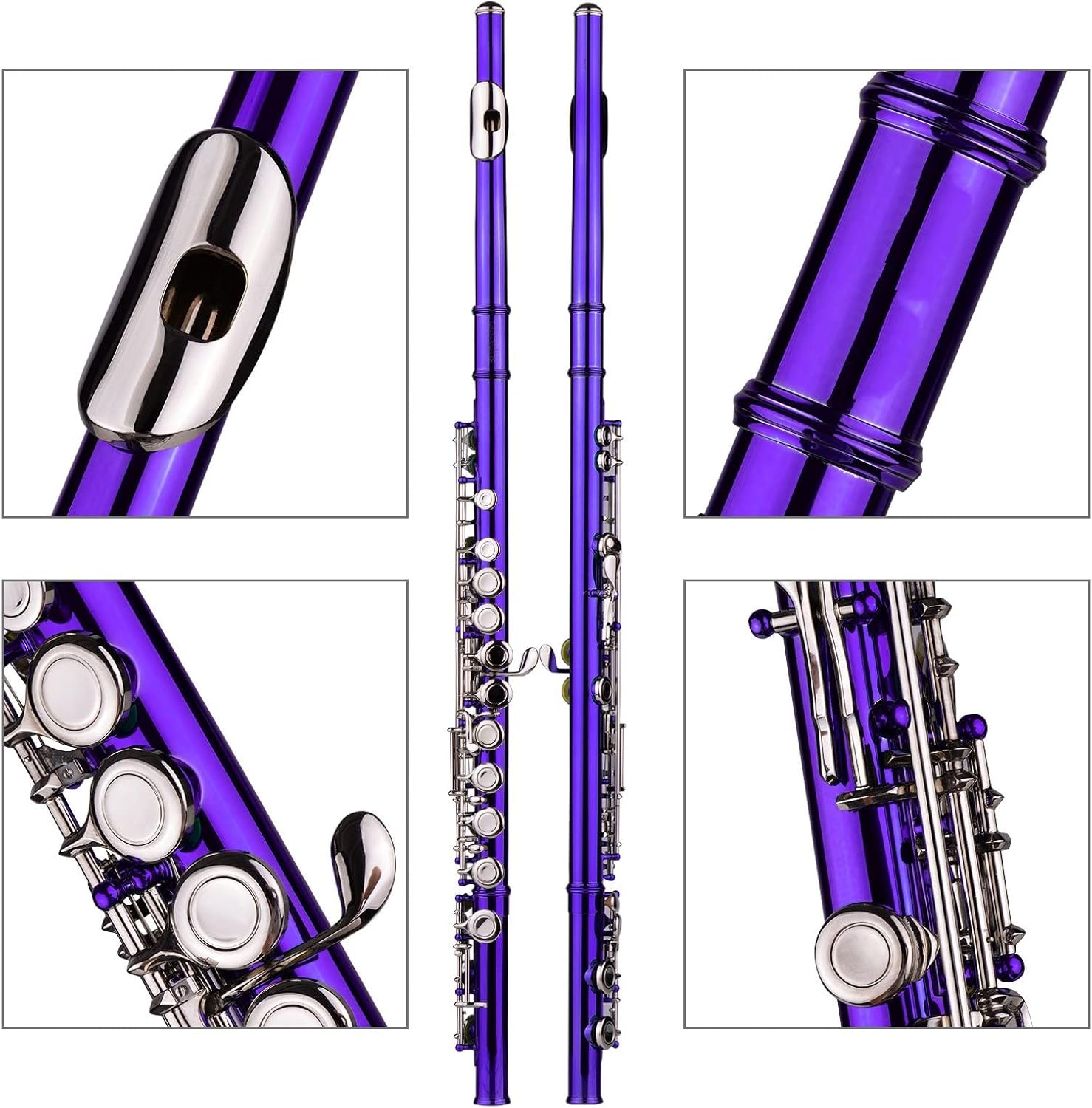Flute Kit Closed Hole C Flute 16 Keys Cupronickel Nickel-Plated Wind Instrument with Carry Case Flute Stand Gloves Cleaning Cloth Intermediate Flute (Color : Purple)
