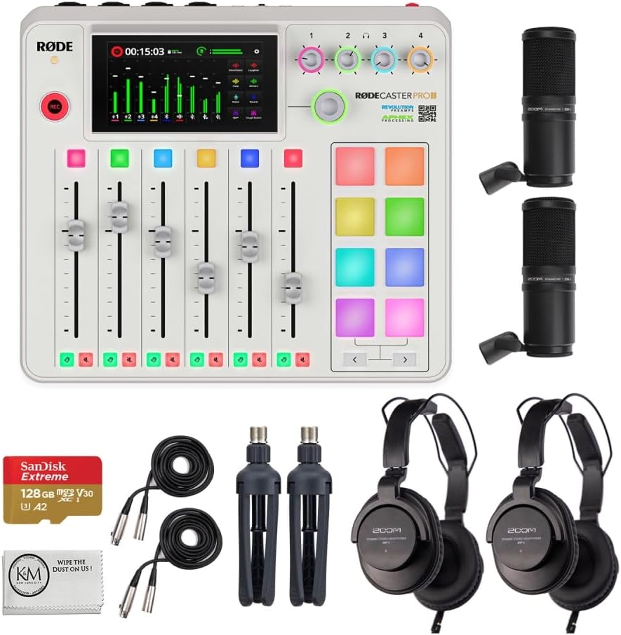 Rode RODECaster Pro II Integrated Audio Production Studio (White) Bundled with (2) Podcast Mic Packs + 128GB Micro-SD Card + Cleaning Cloth (4 Items)