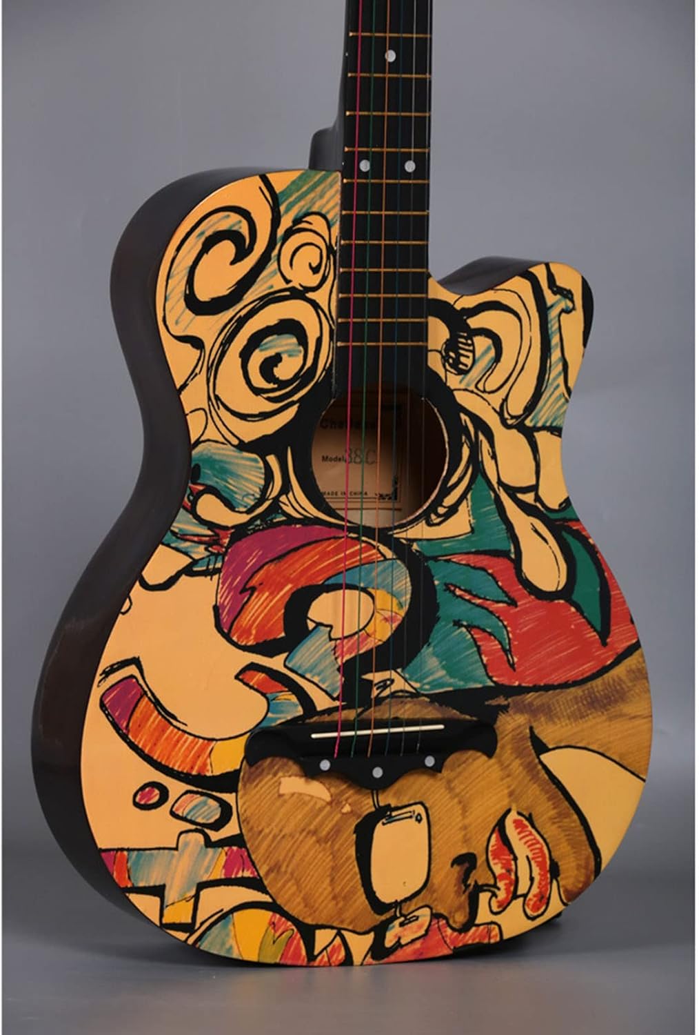 Restokki Wooden Graffiti Pattern 38in Acoustic Guitar for Beginner Music Lovers