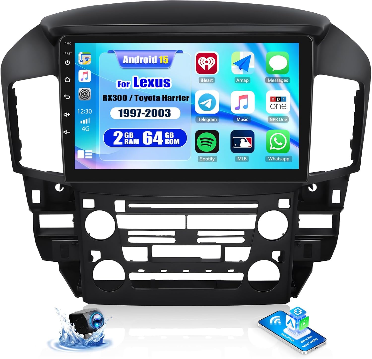 CAMECHO 2+64G Android 15 Car Stereo for Lexus RX300 / Toyota Harrier 1997-2003, Wireless CarPlay & Android Auto Car Radio, 9