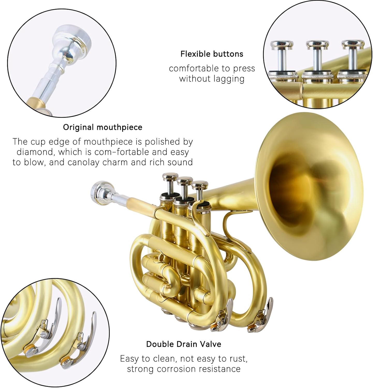 EASTROCK Pocket Trumpet Brass Bb Trumpet with 7C Mouthpiece special-shaped