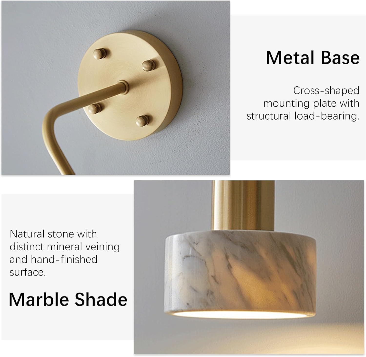 Natural Marble Wall Sconce, Mid-Century Wall Mount Lamp with Stone Shade, Metal Base Indoor Wall Lights, Hardwired Adjustable Height Wall Lamp for Bedroom Bedside Living Room(White)