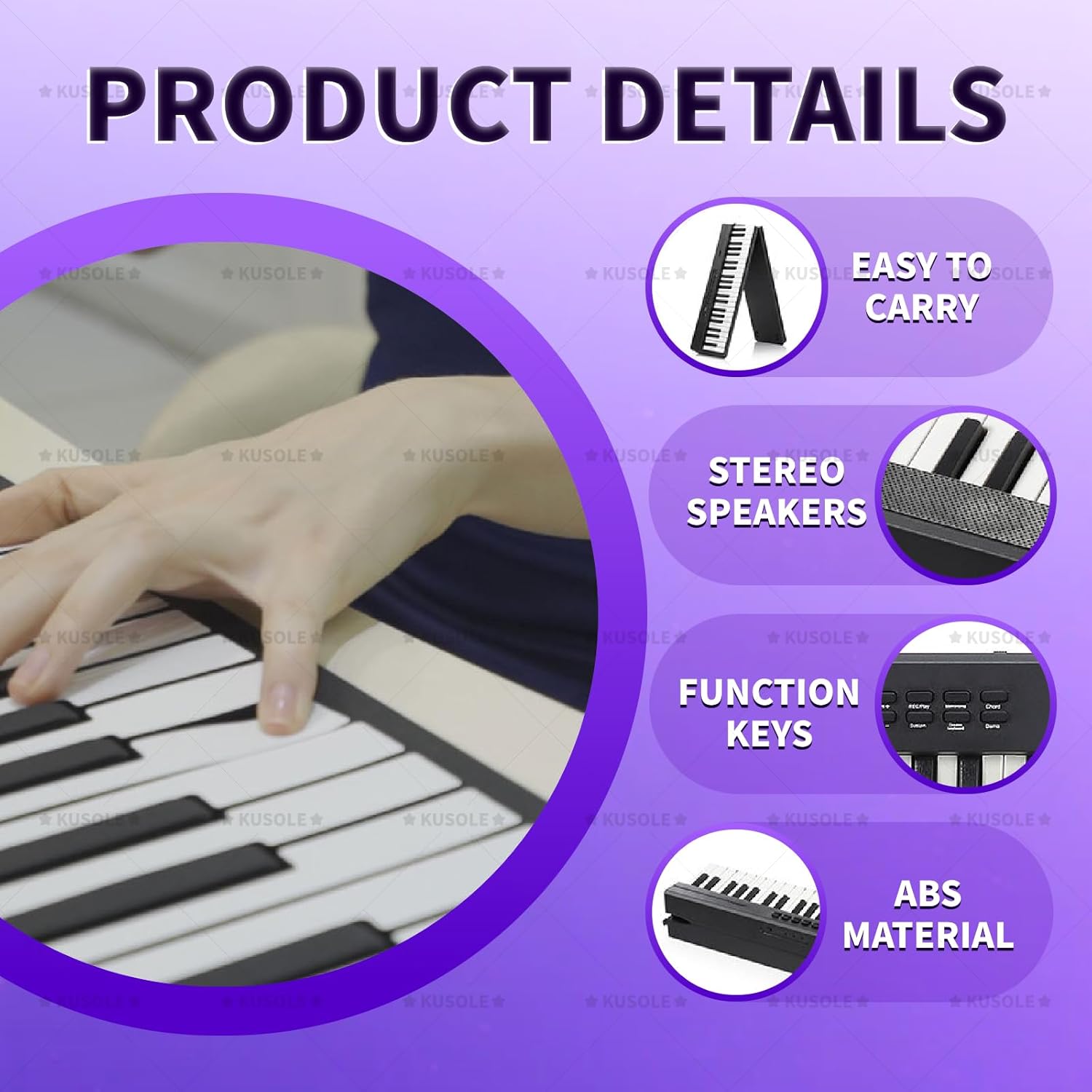 This is a foldable, full-size 88-key digital piano with a power adapter, music stand, and piano bag, suitable for beginners.