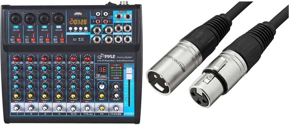 Pyle 8Ch Bluetooth Pro Audio DJ Sound Mixer and Amazon Basics XLR Microphone Cable