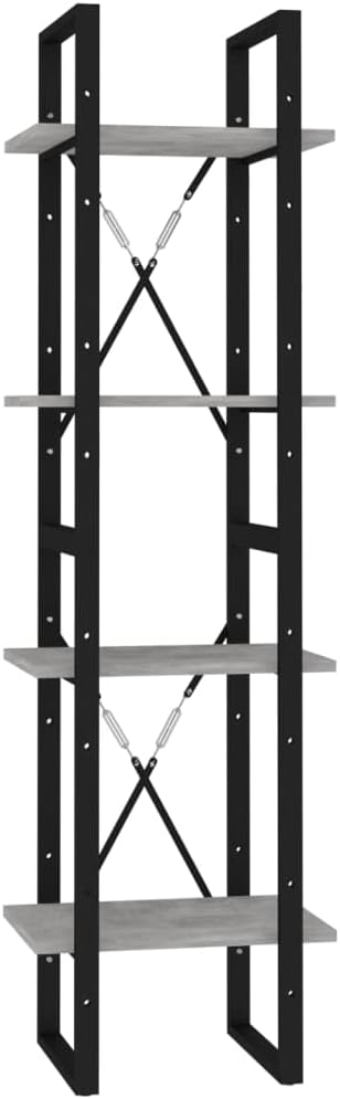 Concrete Gray Book Cabinet, Black Engineered Wood, Metal Frame, 4-Tier Industrial Shelving Unit, 11.8x15.7x55.1in Display Case for Living Room, Office Storage