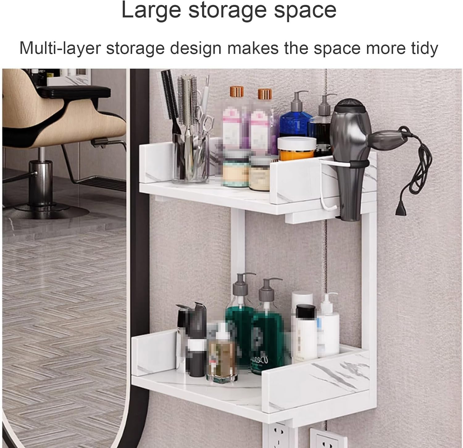 Salon Stations for Hair Stylist, Modern Wall Mount Barber Hair Styling Tool Storage Cabinet, Open Storage Beauty Spa Salon Equipment , Bathroom Corner Salon Station Makeup Organizer with Hair Dryer