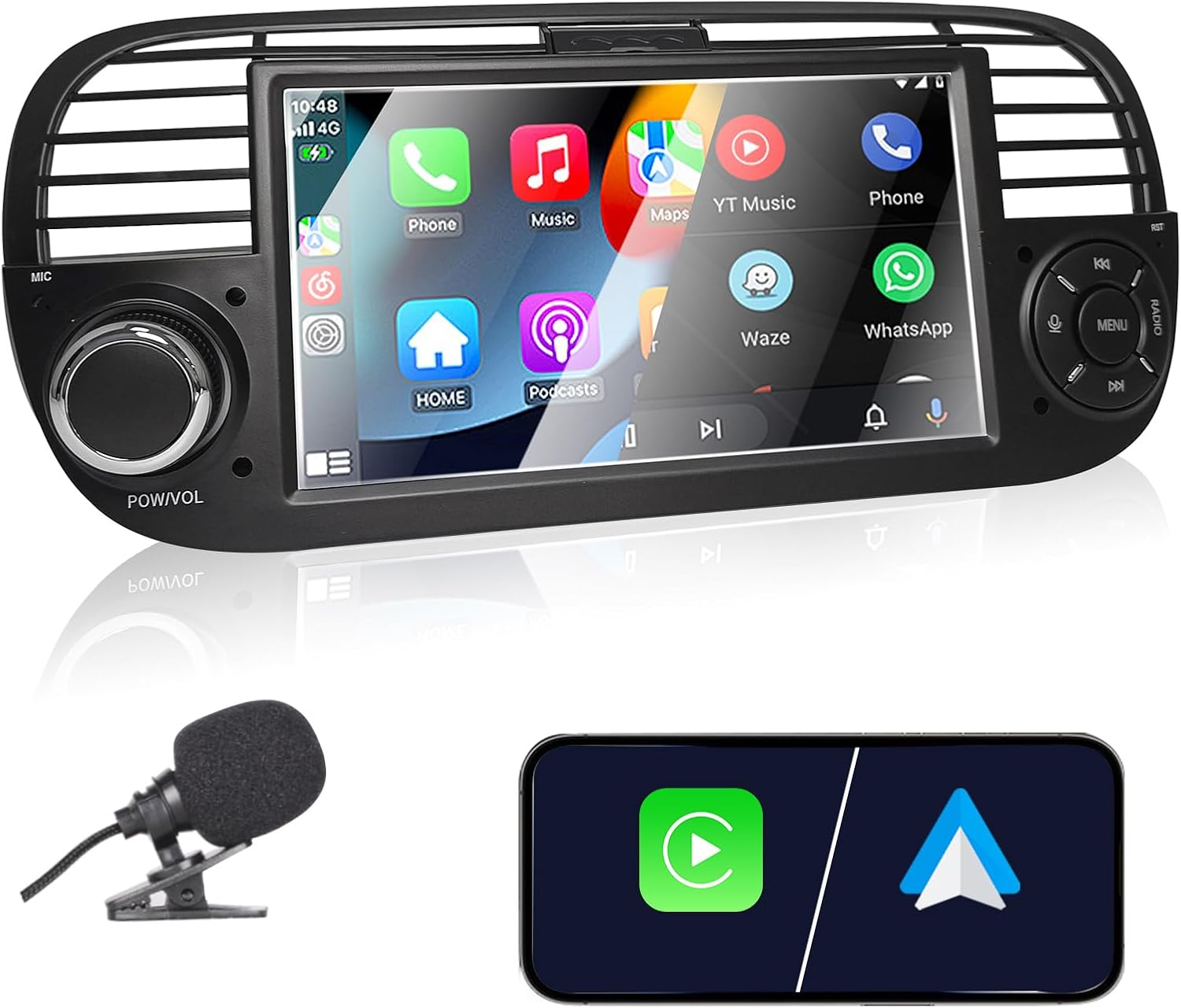 Car Stereo for Fiat 500 2007-2015 Compatible Wireless Carplay & Android Auto, 7 Inch Fiat 500 Radio with Touchscreen/Bluetooth/Fm/Am/USB/DPS/RDS/Mirror Link/High Power