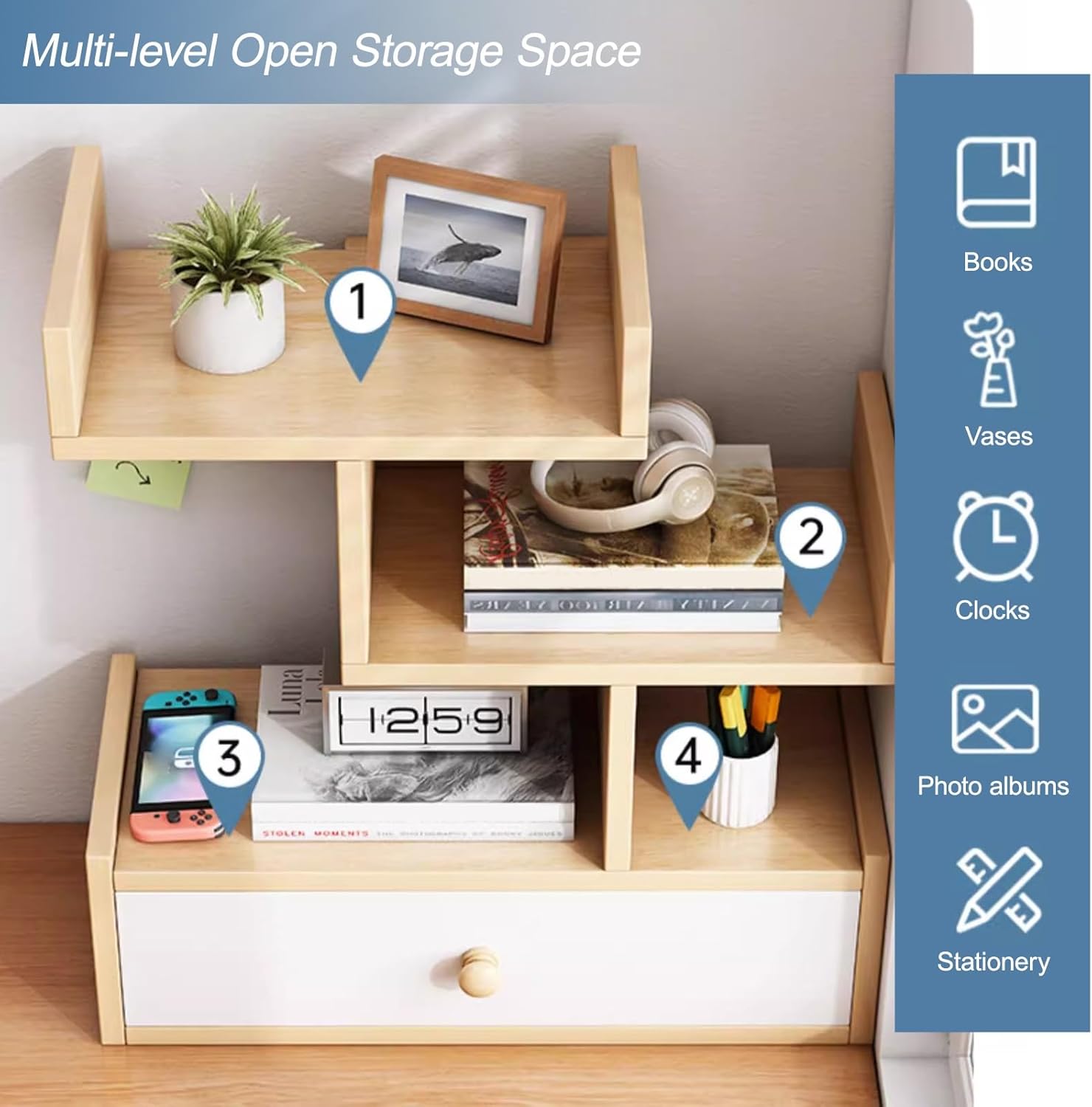 Desktop Bookshelf Storage Organizer Bookcase, Freestanding Display Rack Shelving Unit Small Book Organizer Hutch for Top of Desk Shelf(White)