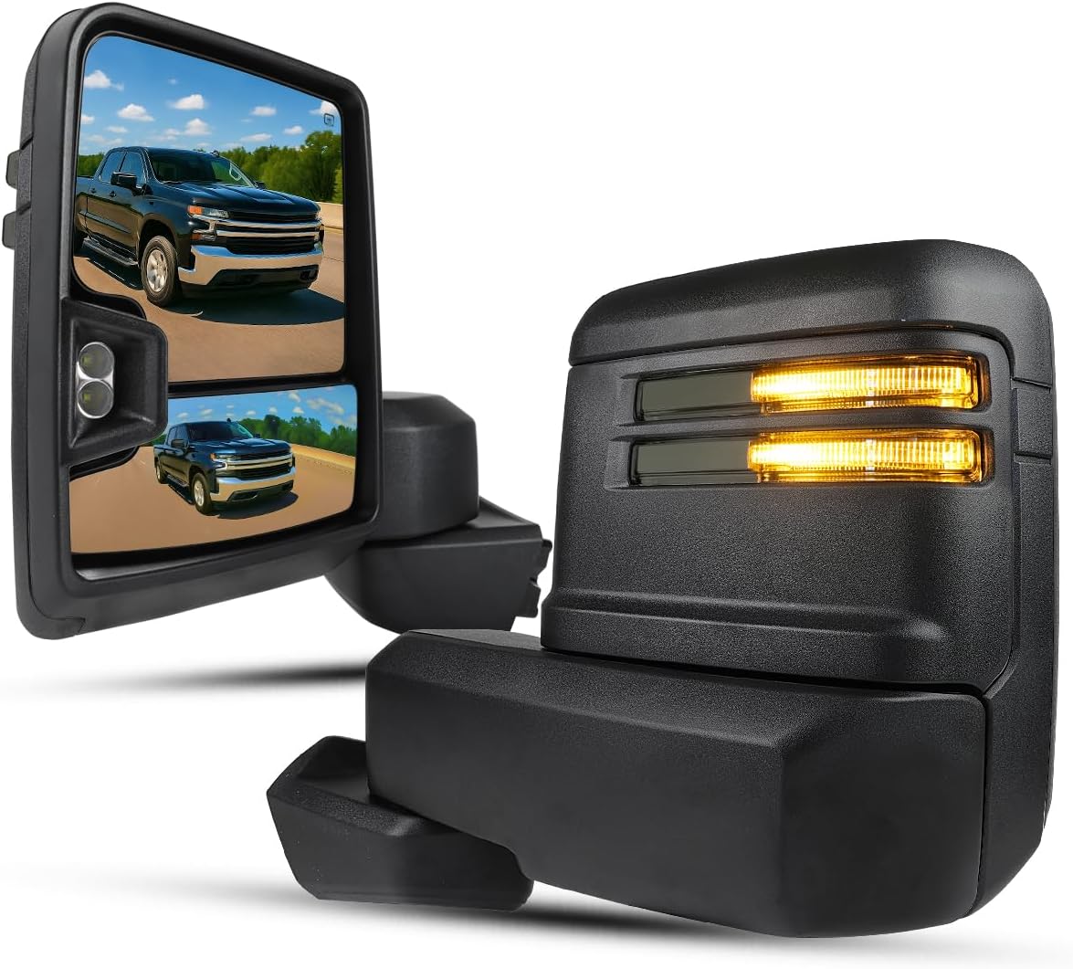 SPEC-D TUNING Black Power Heated Towing Mirrors w/Smoke LED Signal, Temperature Sensor Compatible with 2019-2025 Chevy Silverado 1500, Left + Right Pair