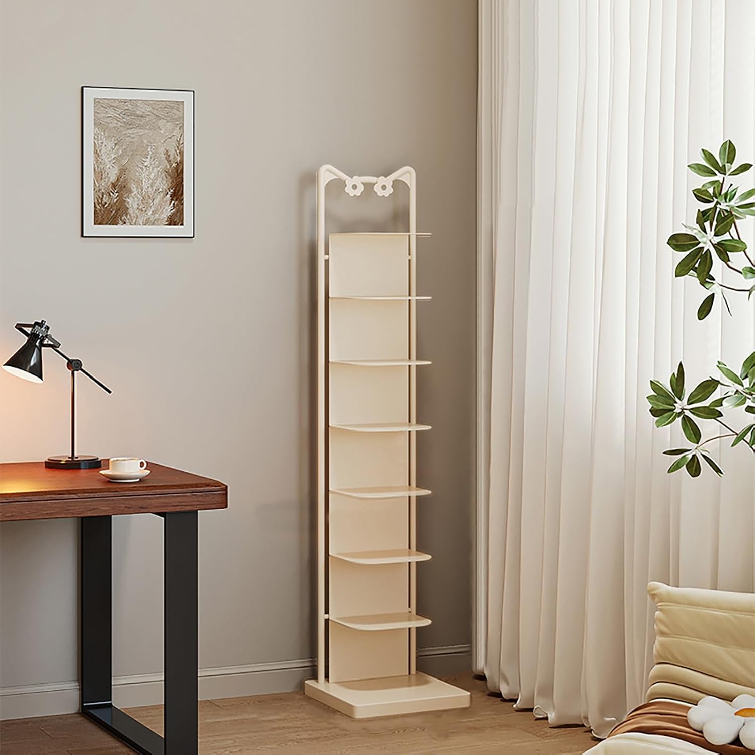 Floor-Standing Vertical Invisible Bookshelf, Corner Bookcase 6/8 Layers, Spine Storage Rack, Modern Freestanding Display Shelves, Suitable for Living Room, Study(White,136cm/53.5in)