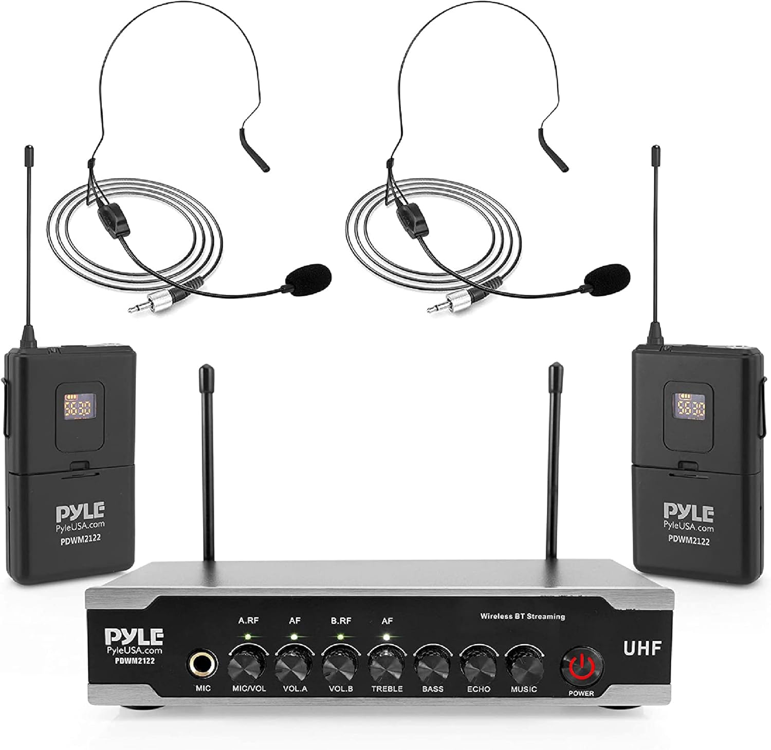 Pyle Portable Uhf Wireless Microphone System - Bluetooth Cordless Headset Lapel Lavalier Microphone Set W/ 2 Battery Operated Beltpack Transmitters, Receiver, Aux, for PA Karaoke DJ Party - PDWM2122