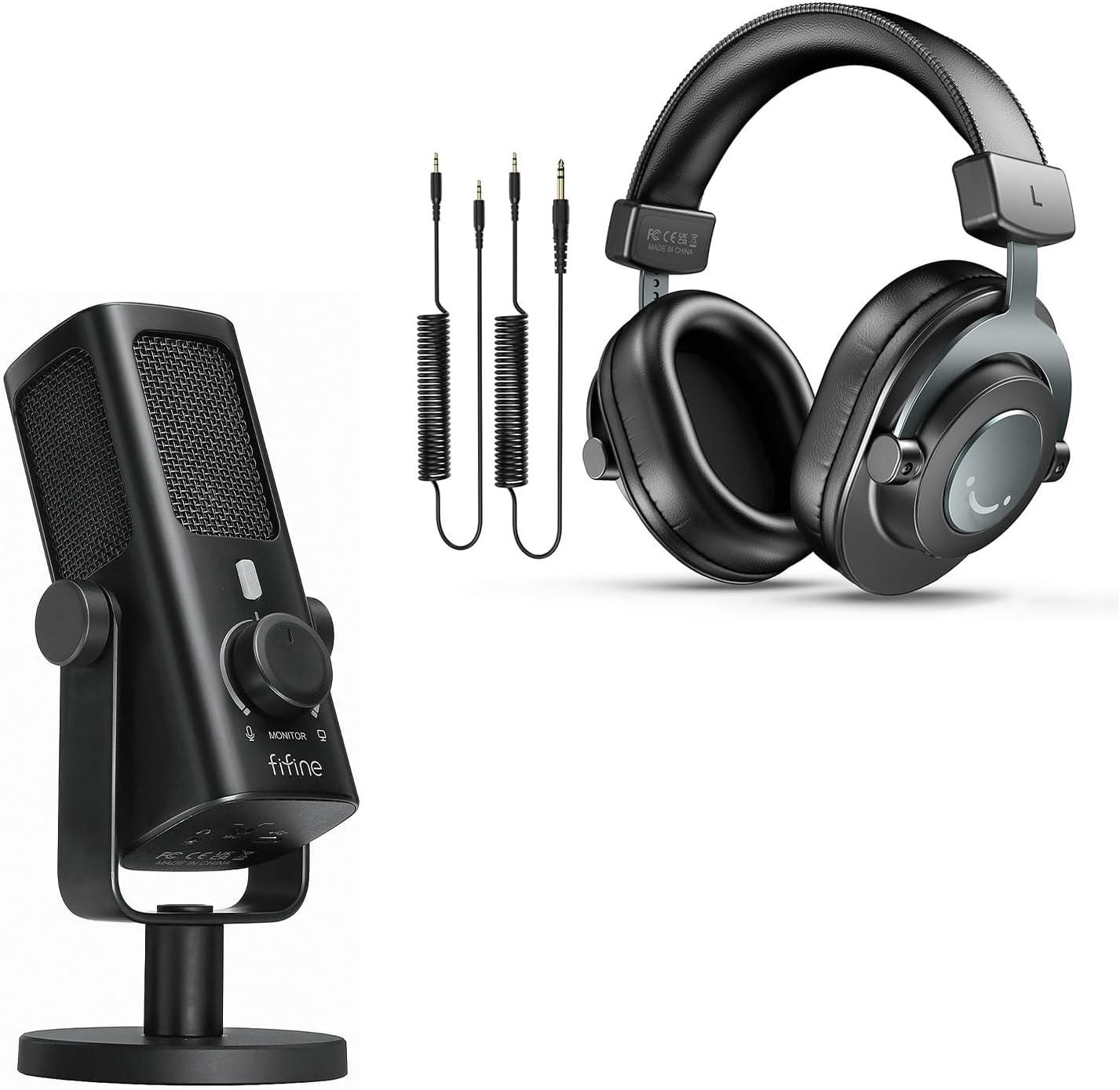 FIFINE USB-Podcast-Condenser-Microphone Bundle, Studio-Monitor-Headphones Set with 3.5mm/6.35mm Jack, Detachable Cables for Voice Recording, Vocal, Desktop-Metal-Mic with Low-Cut Filter (Profile3+H8)