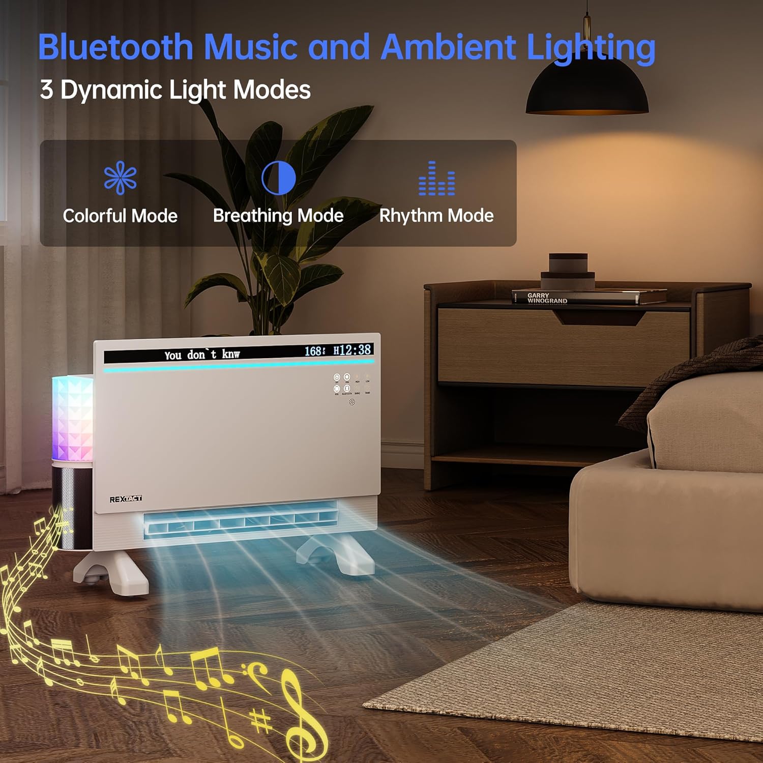 Smart Panel Heater 1800W with Bluetooth Speaker - 6-in-1 Heater Fan, Lyric Display, RGB Lights, App/Voice/Remote/Touch Control, Wall Mount or Freestanding, Compatible with Alexa（White）