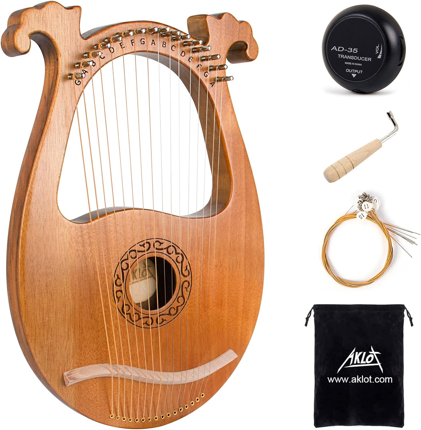Lyre Harp, AKLOT 16 Metal Strings Mahogany Body Lyra Harp with Maple Saddle Carved Note Tuning Wrench Pickup Strings and Black Gig Bag