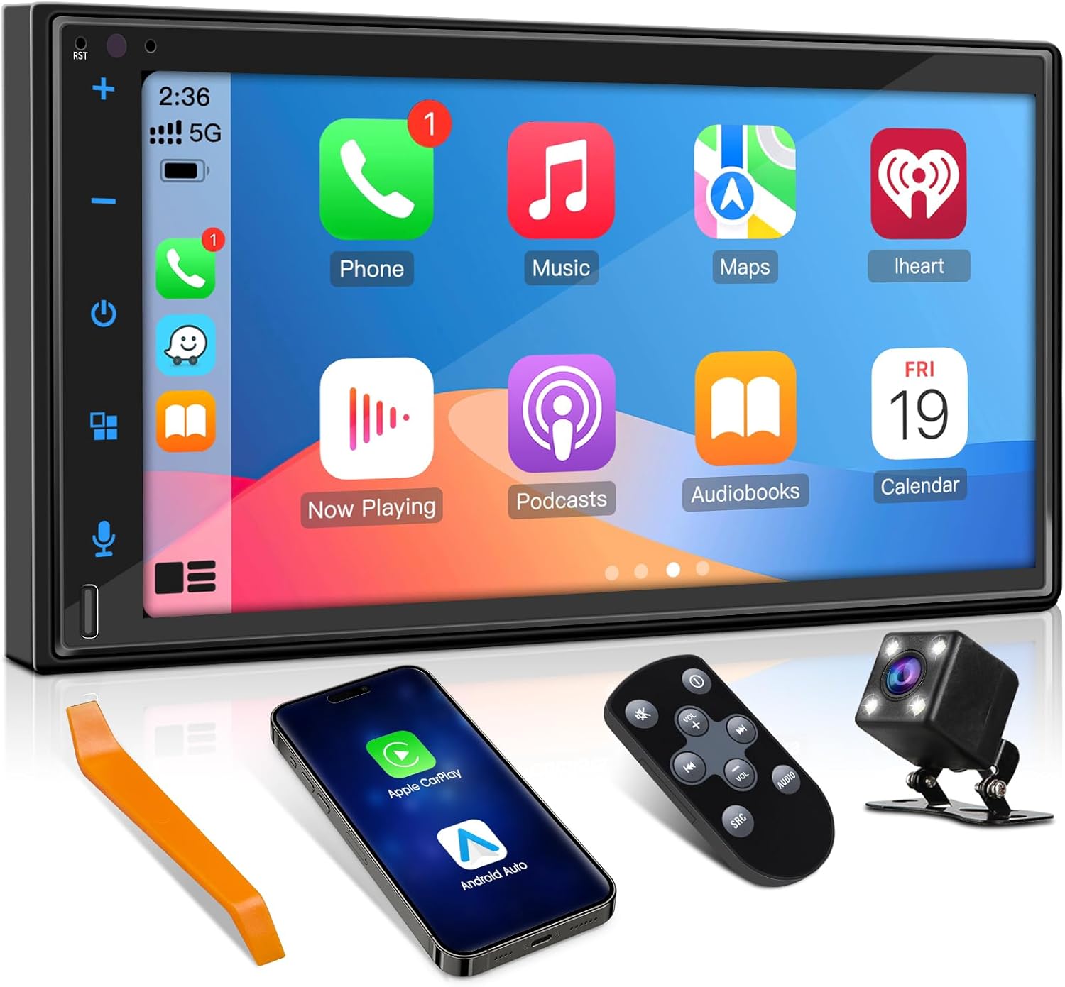 Double-Din Wireless CarPlay Stereo Receiver: Bluetooth Android Auto Car Radio - 7 Inch IPS Touchscreen Phone Mirroring Type-C Charge AM FM HD Backup Camera 4-Channel Audio Output 2 Subwoofer Ports