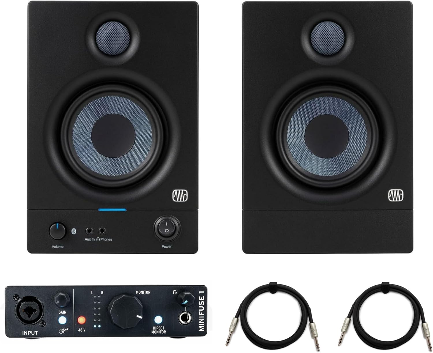 PreSonus Eris 4.5BT 2nd Gen 4.5-Inch Media Reference Monitors with Bluetooth Bundle with MiniFuse 1 Audio Portable Interface, and 1/4 Inch TRS Cables (5 Items)