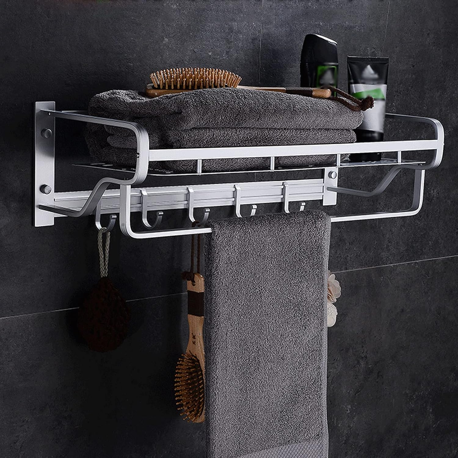 Bathroom Shelf Bathroom Lavatory Towel Rack Towel Shelf with Two Towel Bars Wall Mount Holder，Silver Bathroom Shelves Wall Mounted Floating Shelves/Shower Rack (Size : 57 cm Long)