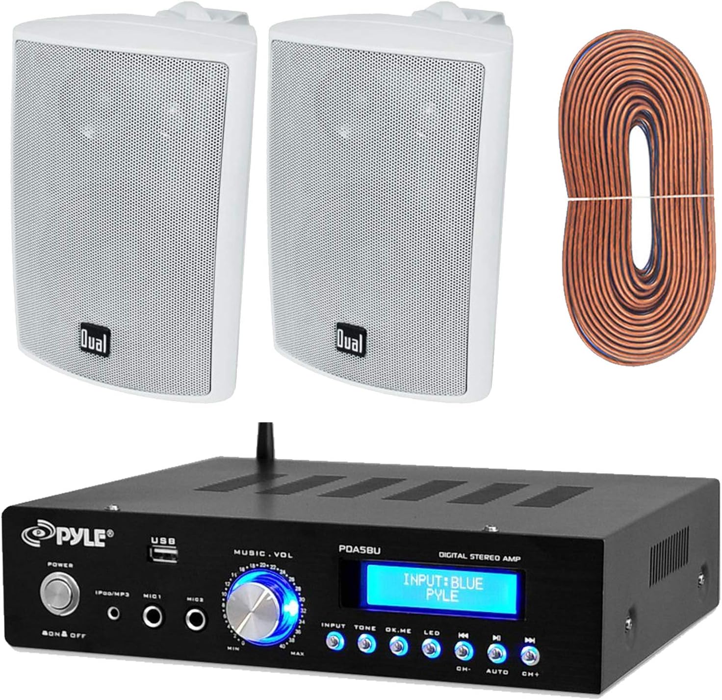 Pyle PDA5BU Amplifier Receiver Stereo, Bluetooth, AM/FM Radio, USB Flash Reader, Aux Input (3.5mm) LCD Display, 200 Watt - Bundle with Enrock 50ft 16g Speaker Wire