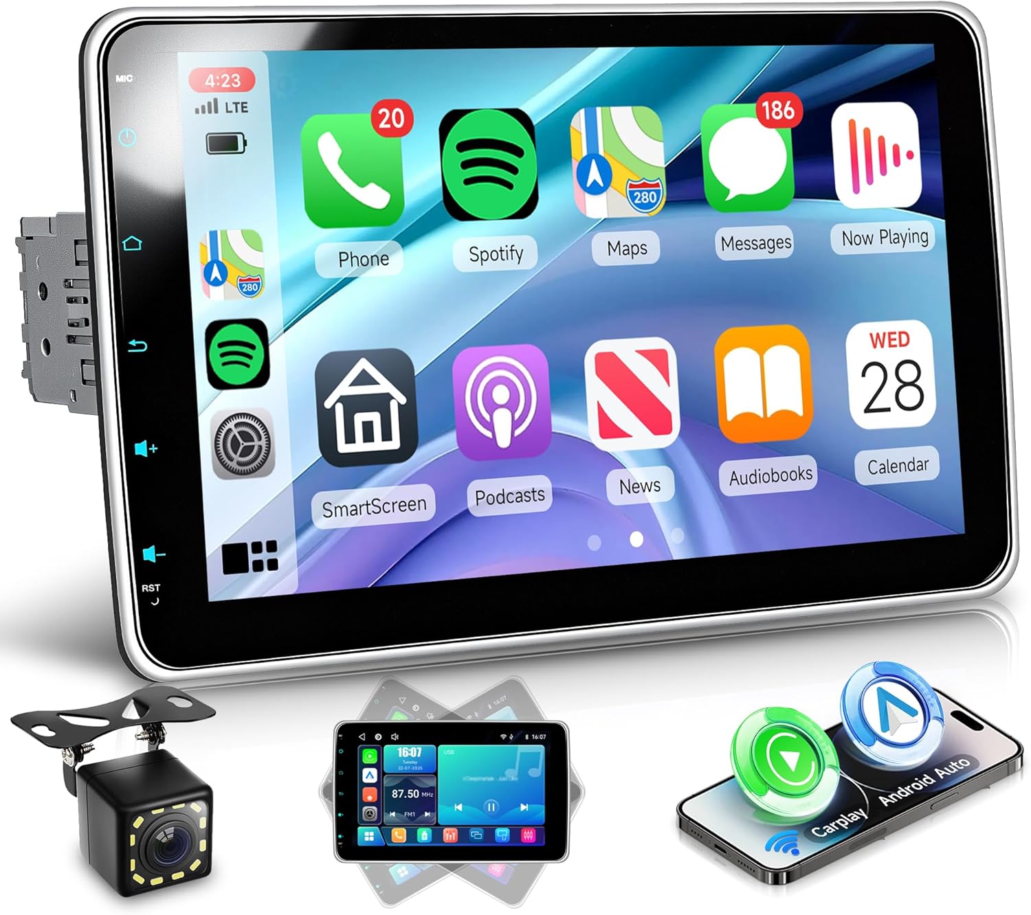Single Din Car Stereo with Wireless A-pple Carplay Android Auto You-Tube, 10