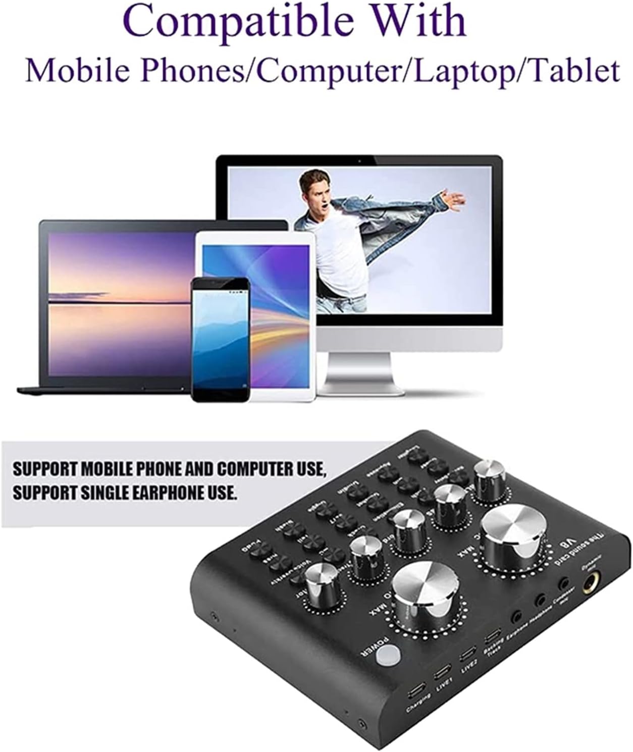 Professional Audio Mixer,V8 Live Sound Card With Effects And Voice Changer,Bluetooth Audio Mixer Device For Live Streaming,Music Recording