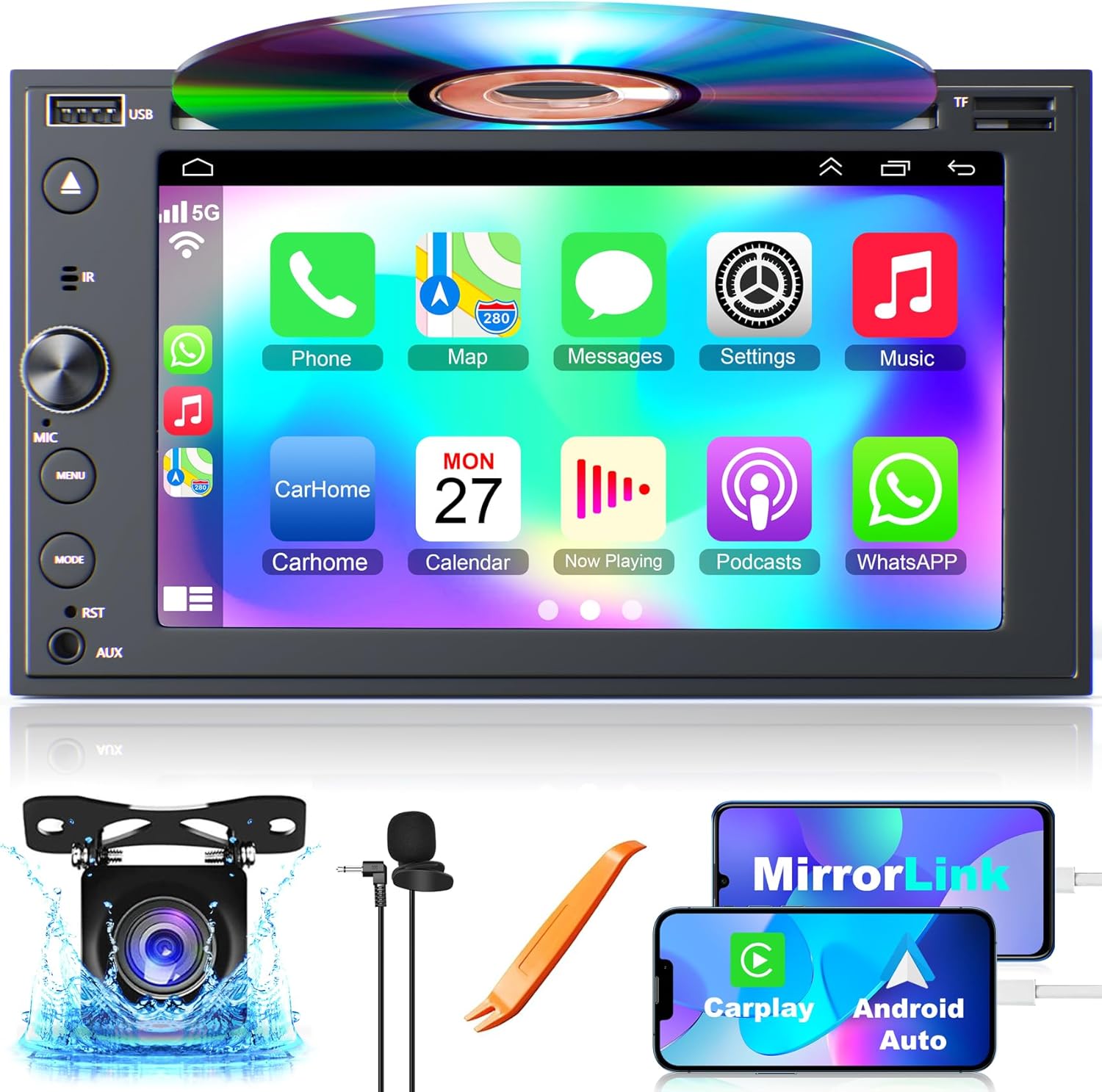 Double Din Car Stereo with CD/DVD Player, 7-inch Touch Screen Car Stereo with Apple CarPlay&Android Auto, Bluetooth5.2, Backup Camera, Mirror Link, Subwoofer, SWC, Subwoofer, AM/FM Car Radio Receiver