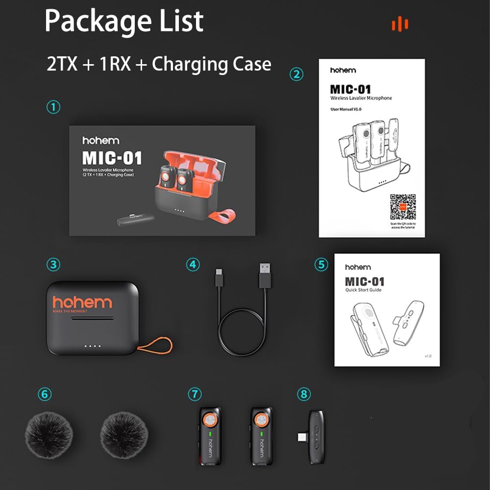 hohem MIC-01 Wireless Lavalier Microphone, 3-Level Noise Cancelling Built-in TF Card Slot Remote Shutter Control Clip On/Magnet Mic for Smartphone Camera Laptop Tablet