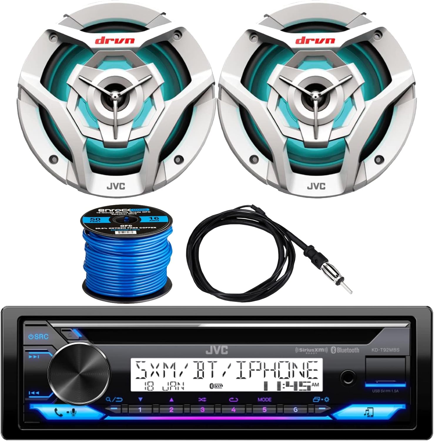 JVC KDT Single DIN Marine Bluetooth USB AUX AM/FM Radio Stereo CD Player Receiver Bundle Combo with 2X 6.5 260W Max 2-Way White Audio Speakers with Multicolor LEDs, Radio Antenna, Speaker Wire