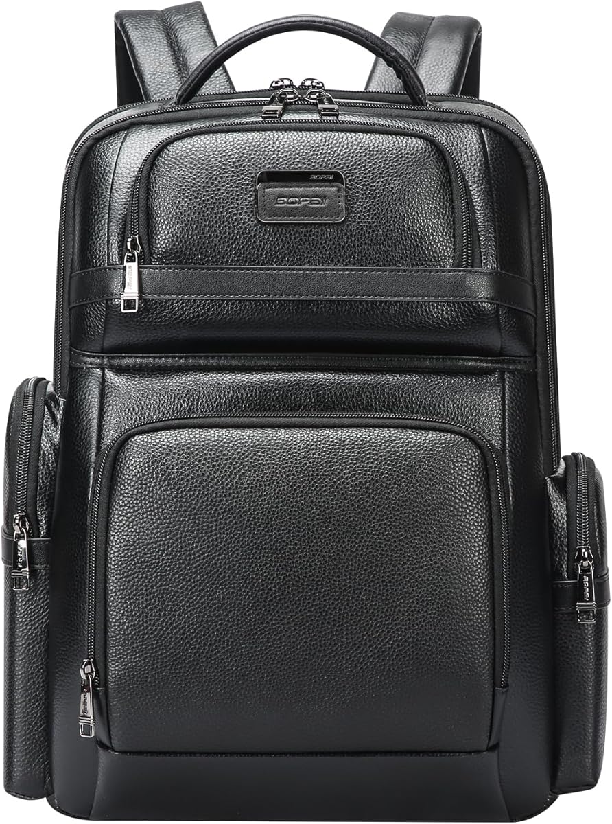 BOPai Genuine Leather Laptop Backpack Men for 15.6 inch Business Smart Professional Lightweight Backpack with USB Charging Office Commuter Computer Rucksack Executive Anti Theft Black