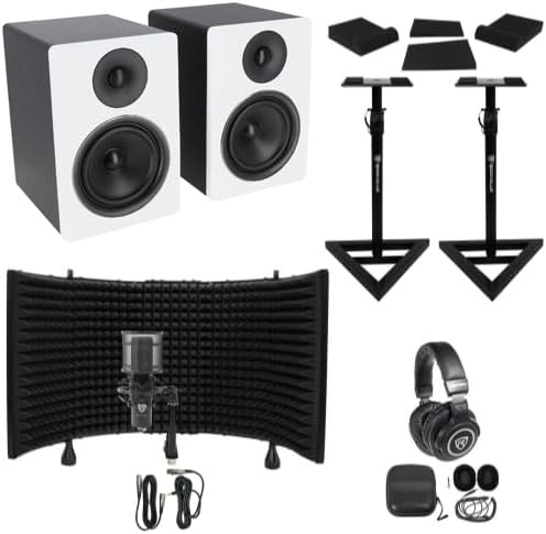 Rockville APM6W Bundle: 6.5 in Powered USB Studio Monitors 350W Peak / 175W RMS per Pair, PRO-M50 Headphones, RCM PRO Condenser Mic, ROCKSHIELD 3 Shield, RRS190S Pads, RVSM1 Stands, 8-Items