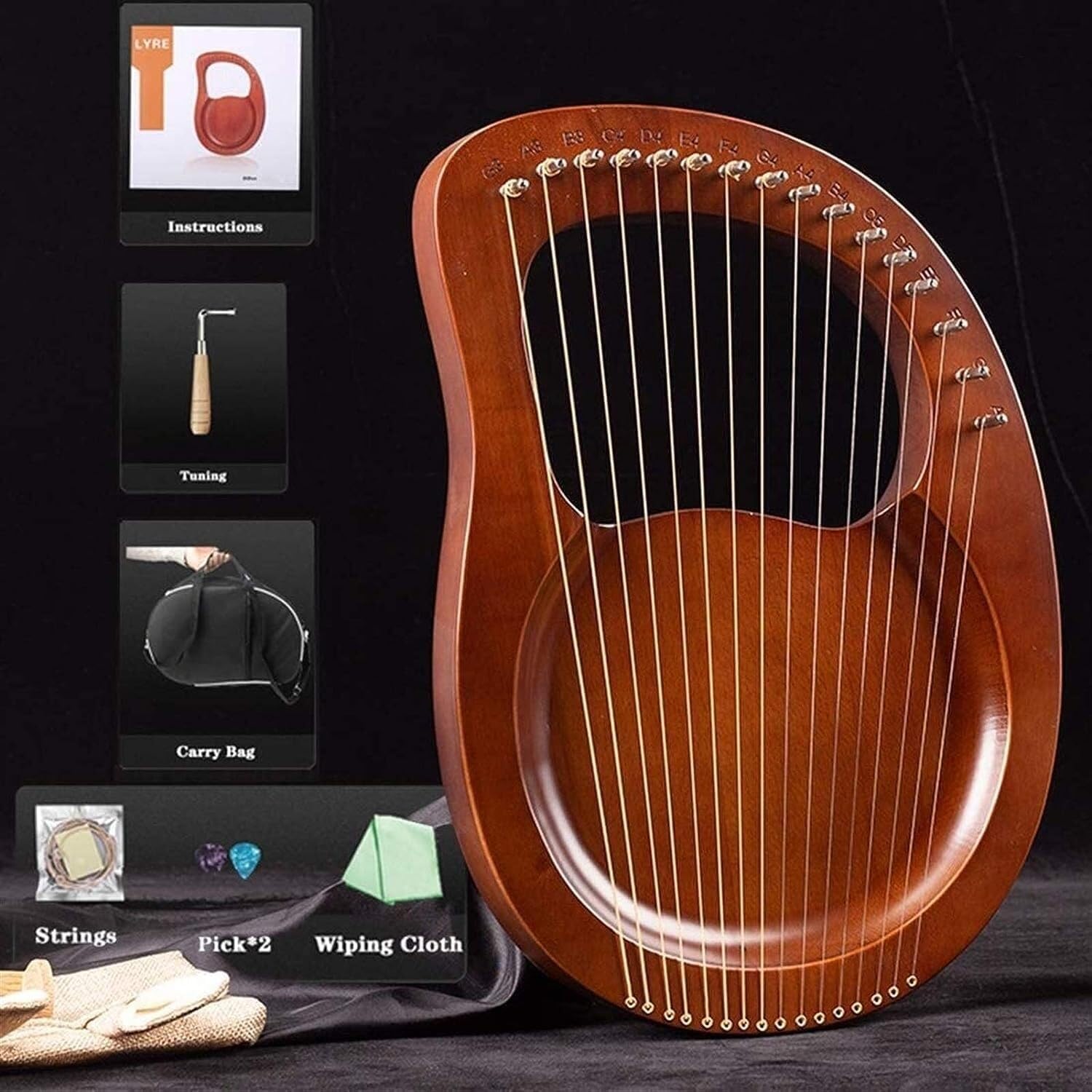19 Strings Lyre Harp for Kids, Strings Wooden Harp Instrument, Lye Harp with Tuning Wrench, for Beginners Instrument(Color:Green)(Walnut)