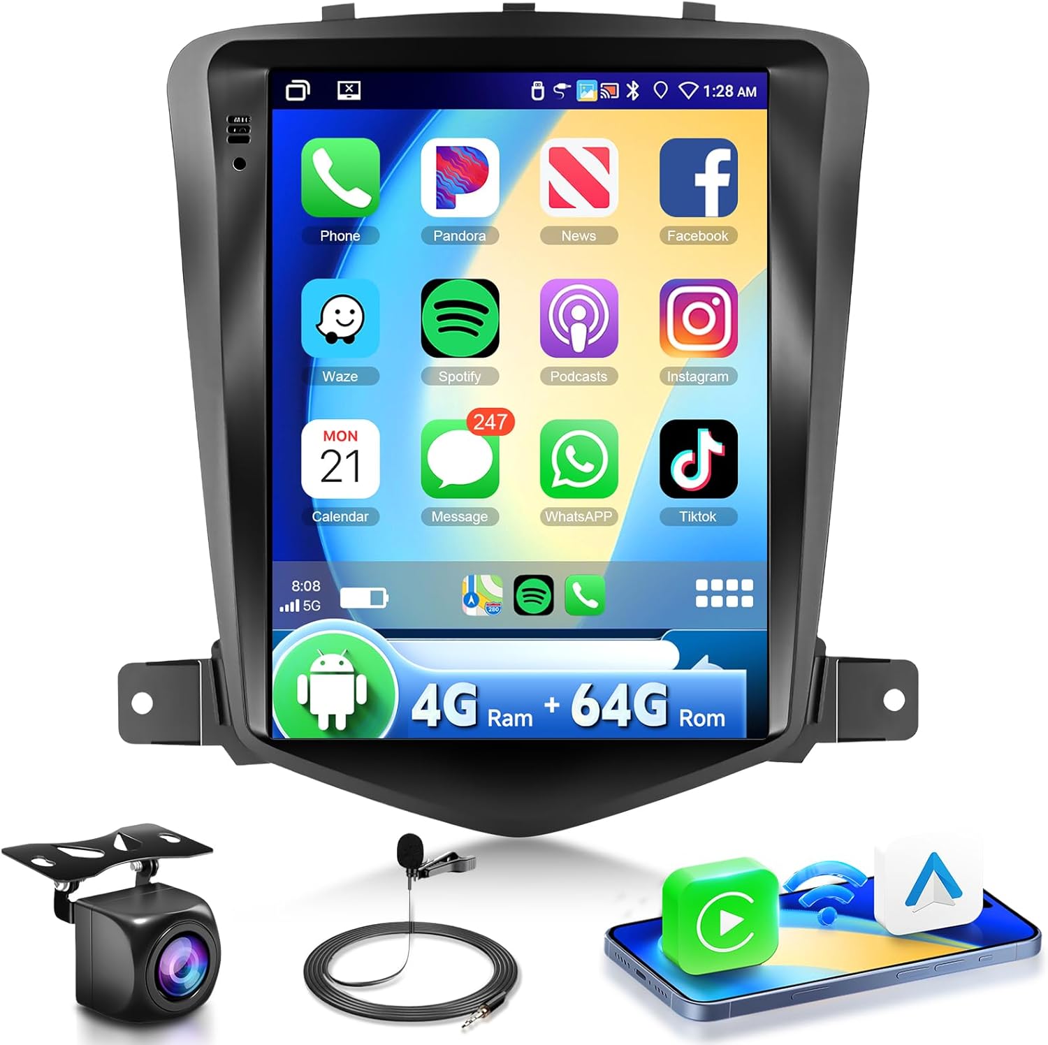 4G+64G Radio for Chevy Cruze 2009-2015 Car Stereo with Wireless Carplay Android Auto,5.0 Bluetooth 32EQ,9.7 inch IPS Touch Screen,FM/RDS GPS WiFi Android 15 AHD Backup Camera