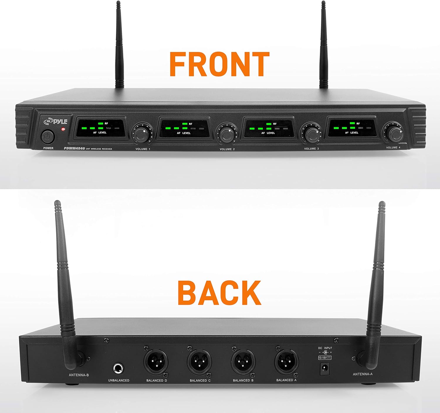 Pyle 4 Channel Wireless Microphone System - Portable UHF Audio Mic Set with 2 Handheld, 2 Headset, 2 Lavalier Mics, 2 Transmitter, 8 'AA' Battery, Power Adapter - For Karaoke, PA, DJ - Pyle PDWM4540